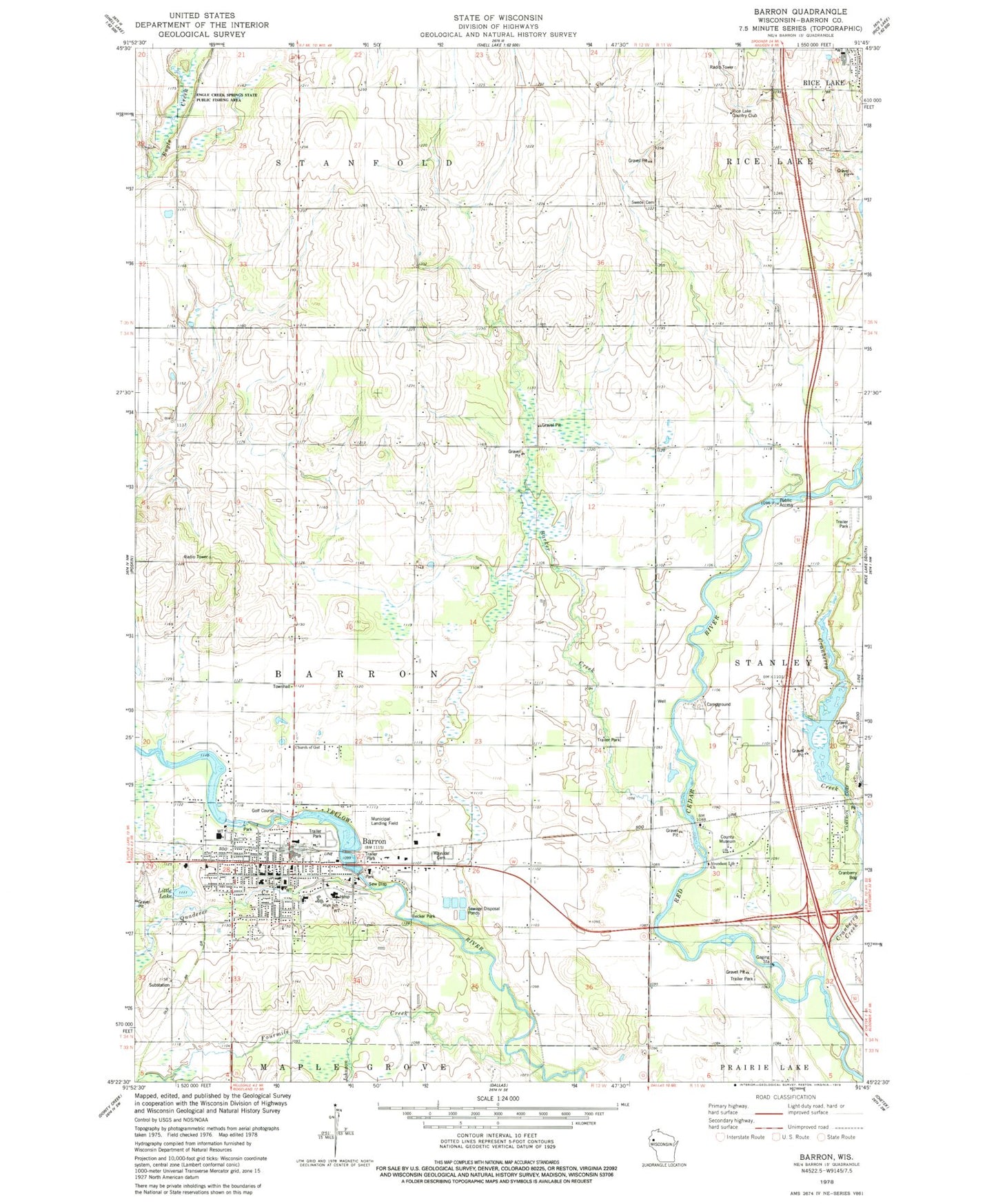 Classic USGS Barron Wisconsin 7.5'x7.5' Topo Map Image