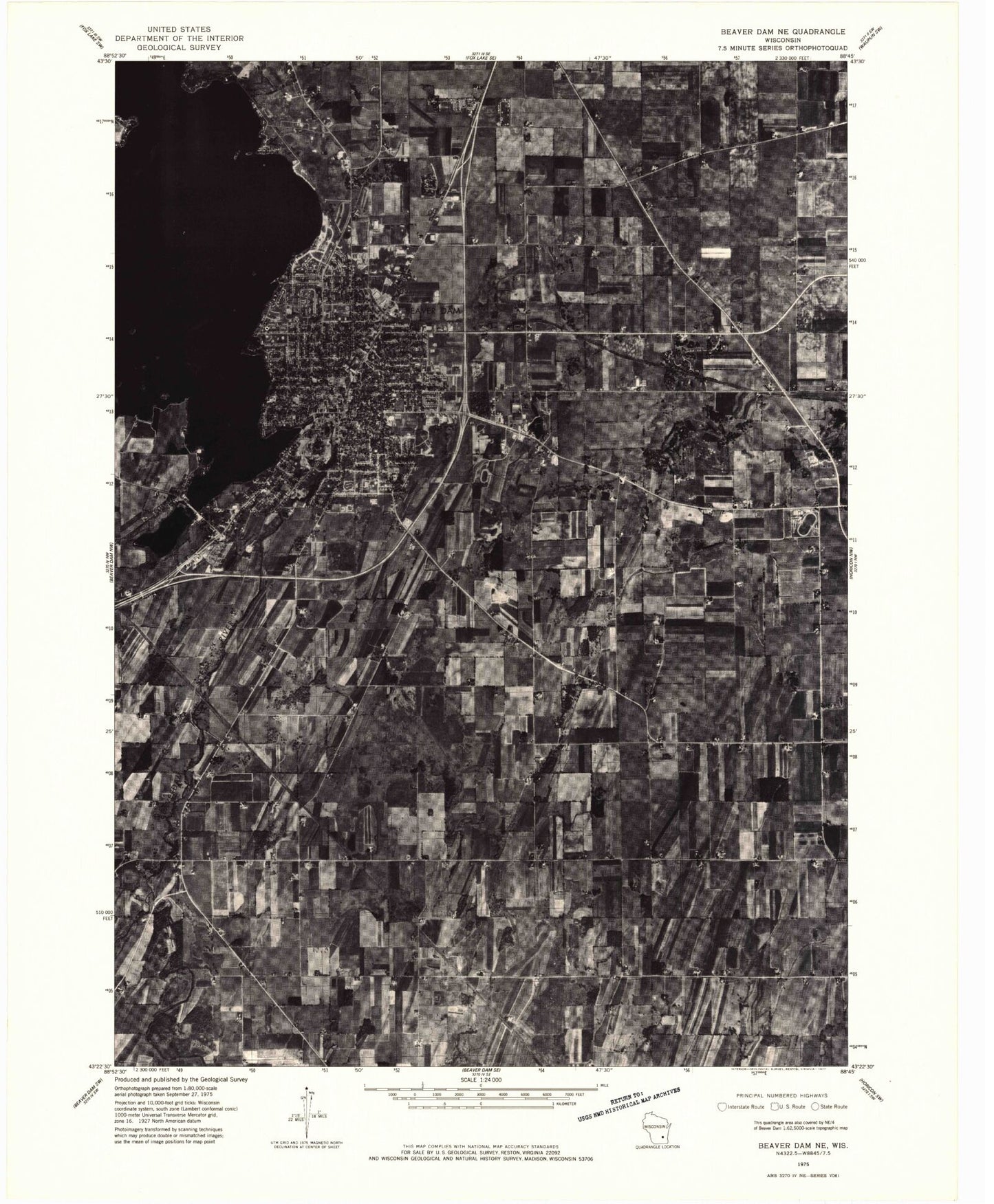 Classic USGS Beaver Dam Wisconsin 7.5'x7.5' Topo Map Image