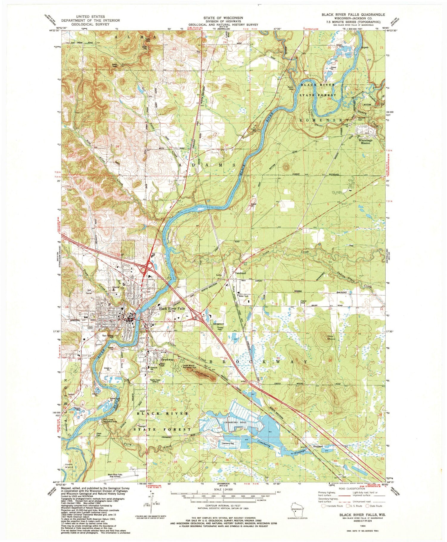 Classic USGS Black River Falls Wisconsin 7.5'x7.5' Topo Map Image
