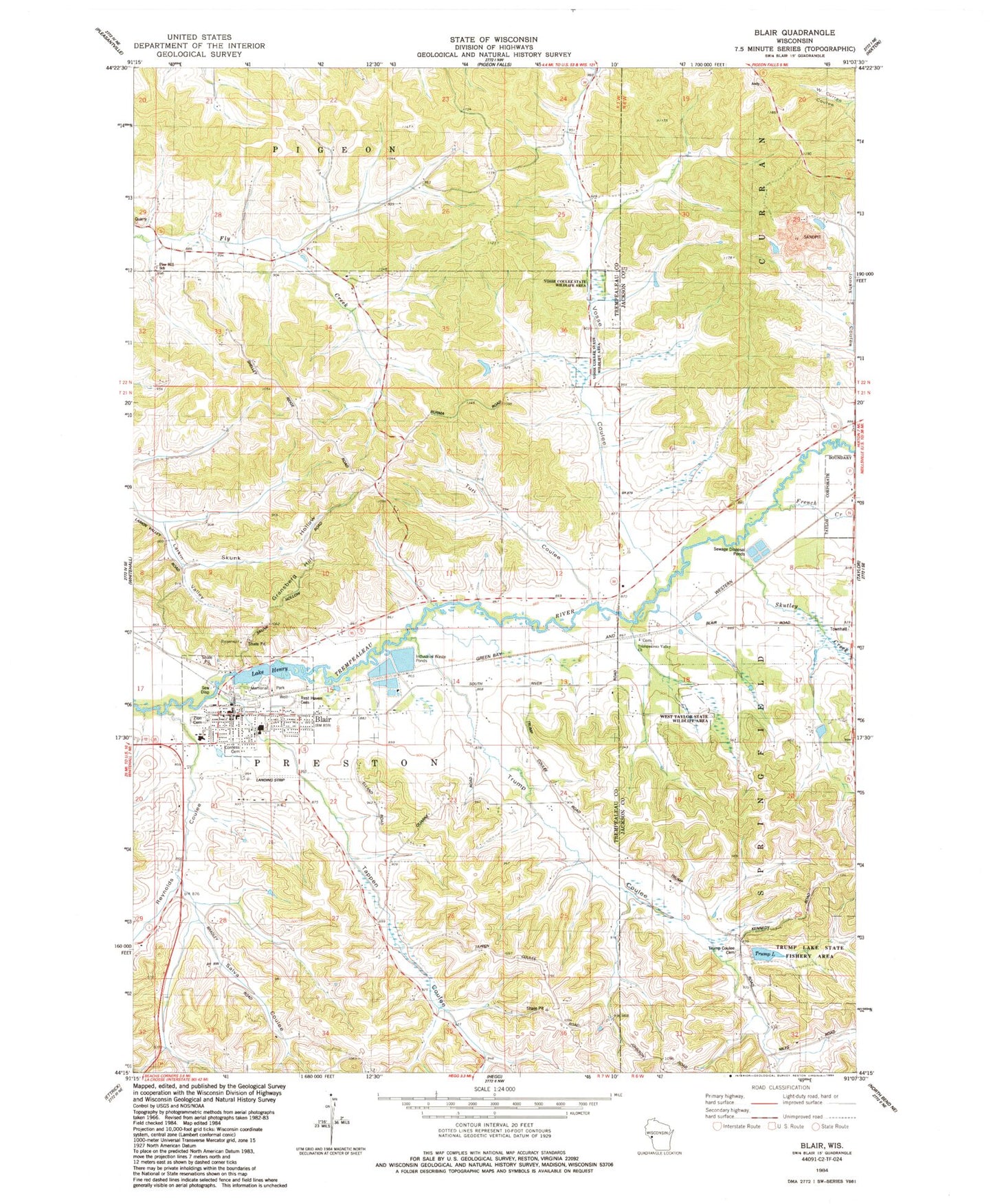 Classic USGS Blair Wisconsin 7.5'x7.5' Topo Map Image