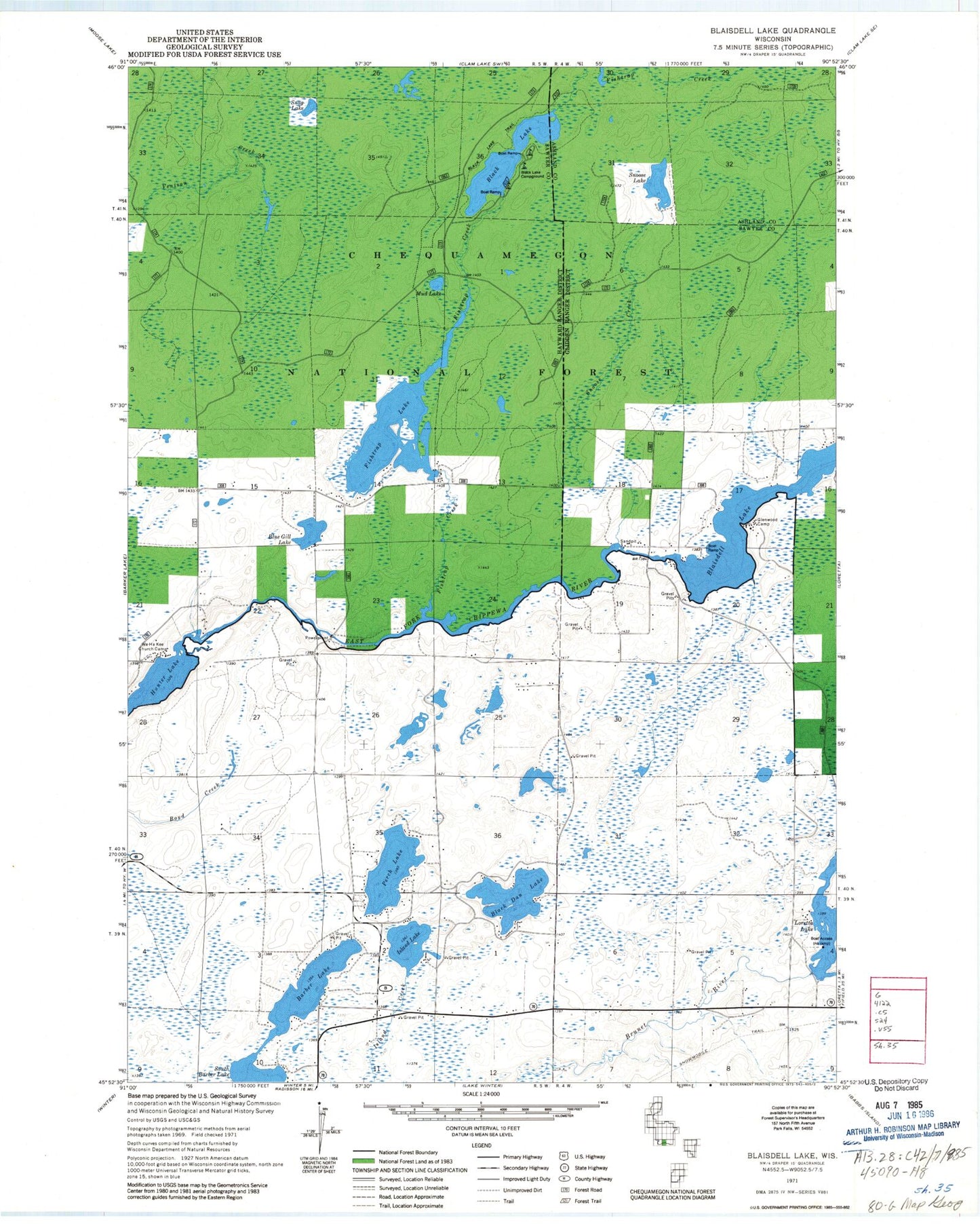 Classic USGS Blaisdell Lake Wisconsin 7.5'x7.5' Topo Map Image