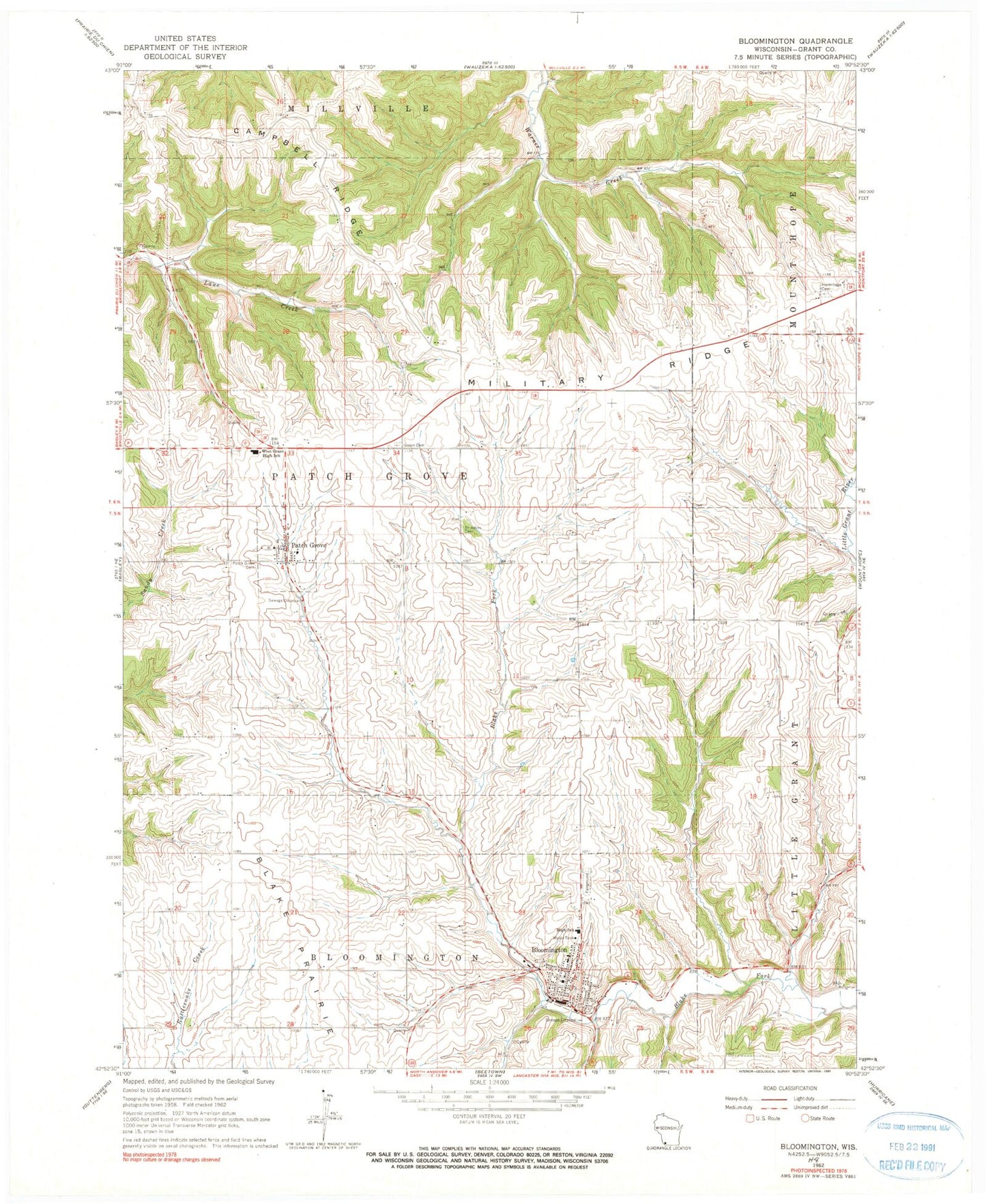 Classic USGS Bloomington Wisconsin 7.5'x7.5' Topo Map Image