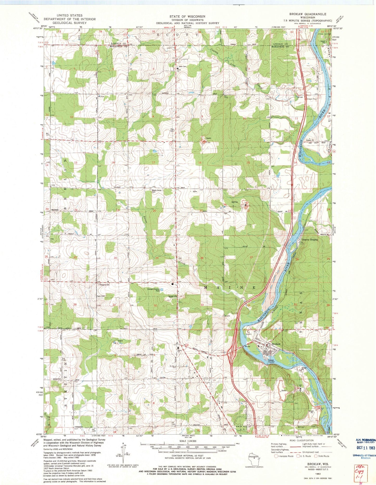 Classic USGS Brokaw Wisconsin 7.5'x7.5' Topo Map Image