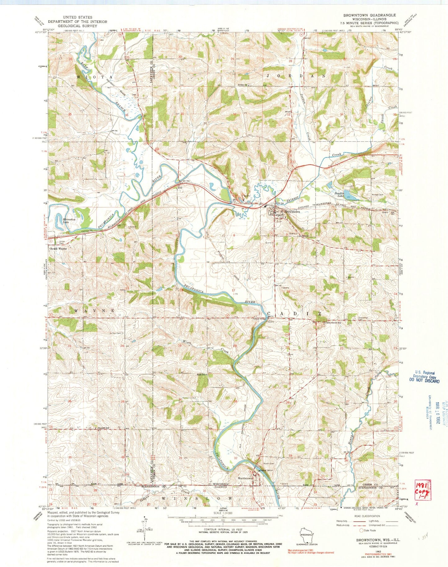 Classic USGS Browntown Wisconsin 7.5'x7.5' Topo Map Image