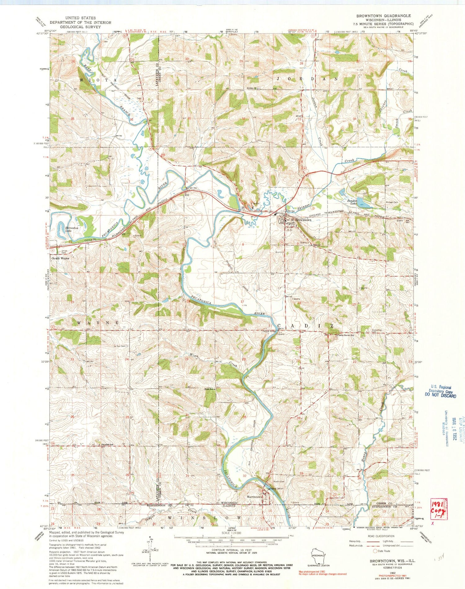 Classic USGS Browntown Wisconsin 7.5'x7.5' Topo Map Image