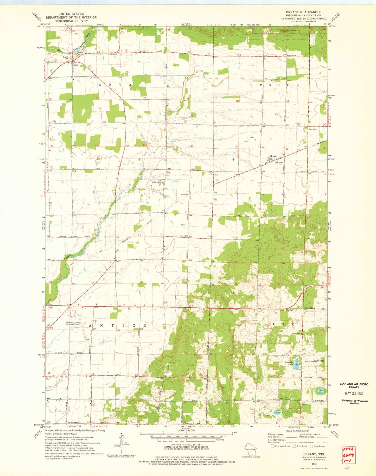 Classic USGS Bryant Wisconsin 7.5'x7.5' Topo Map Image