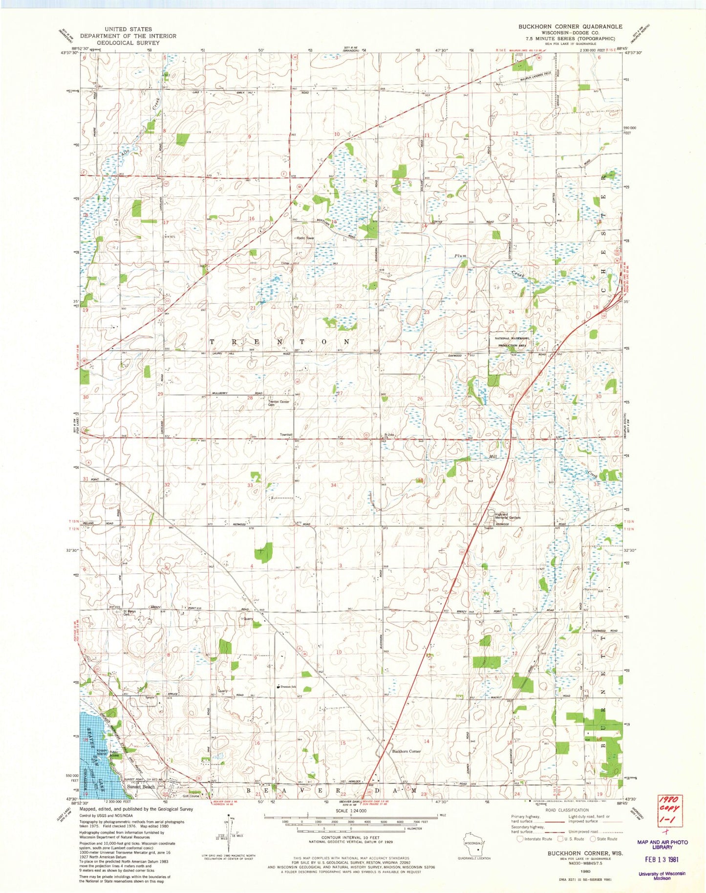 Classic USGS Buckhorn Corner Wisconsin 7.5'x7.5' Topo Map Image