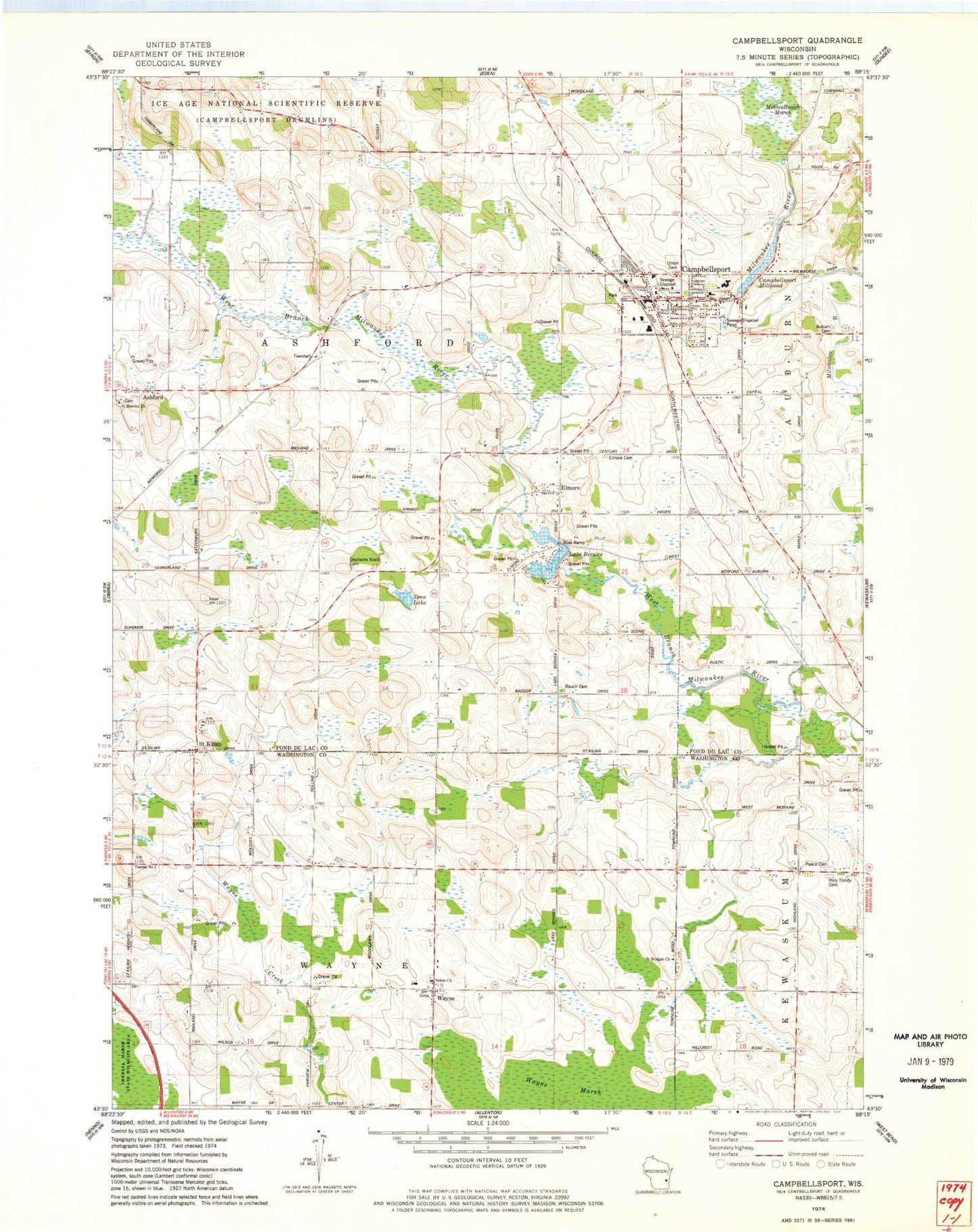 Classic USGS Campbellsport Wisconsin 7.5'x7.5' Topo Map Image