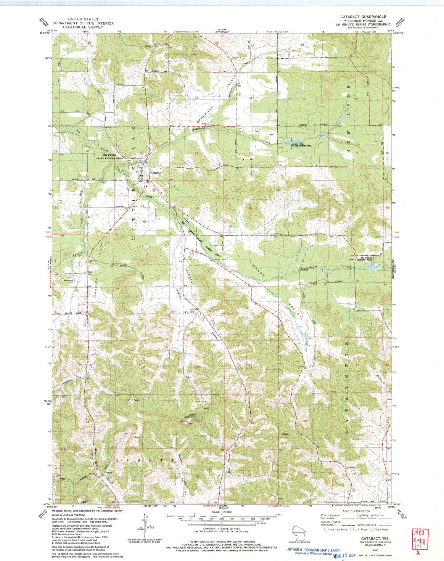 Classic USGS Cataract Wisconsin 7.5'x7.5' Topo Map Image