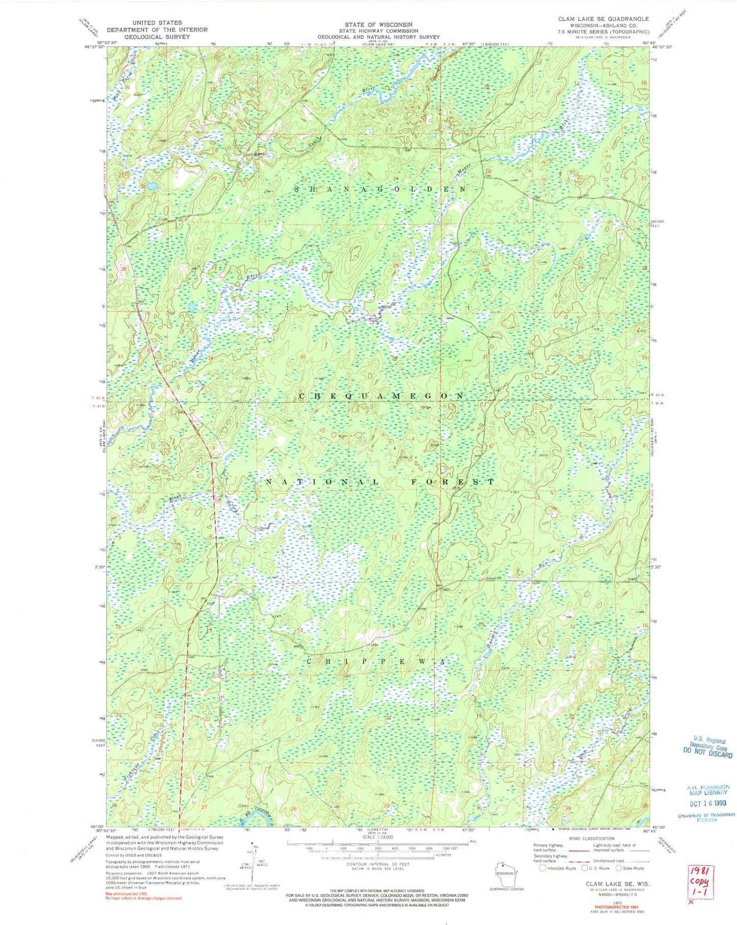 Classic USGS Clam Lake SE Wisconsin 7.5'x7.5' Topo Map Image