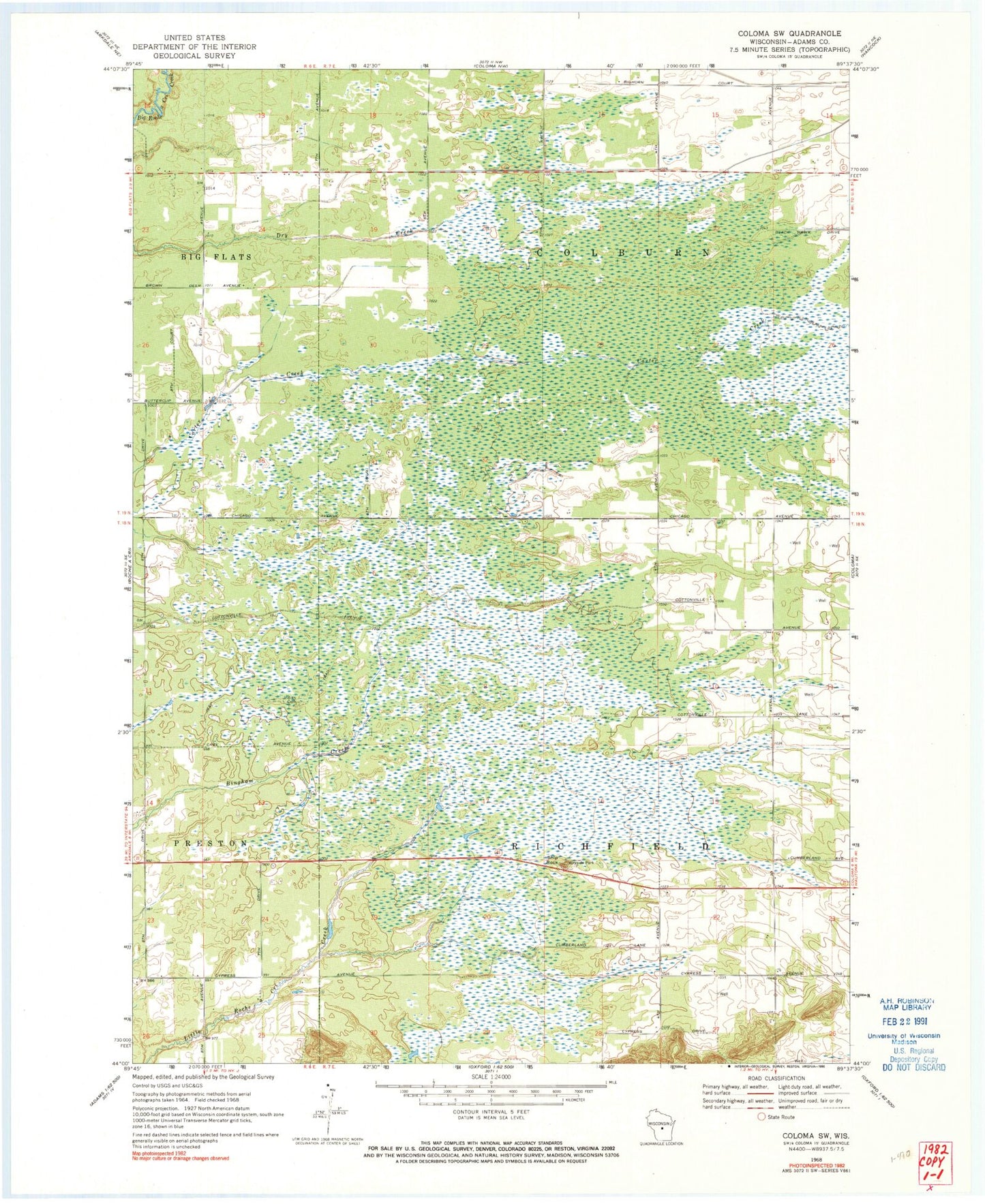 Classic USGS Coloma SW Wisconsin 7.5'x7.5' Topo Map Image
