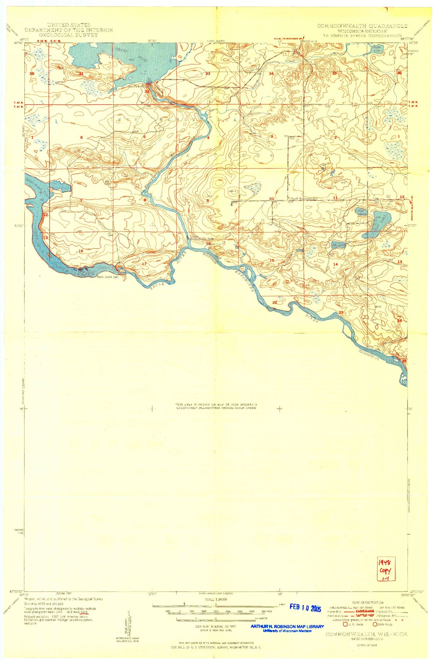 Classic USGS Florence East Wisconsin 7.5'x7.5' Topo Map Image