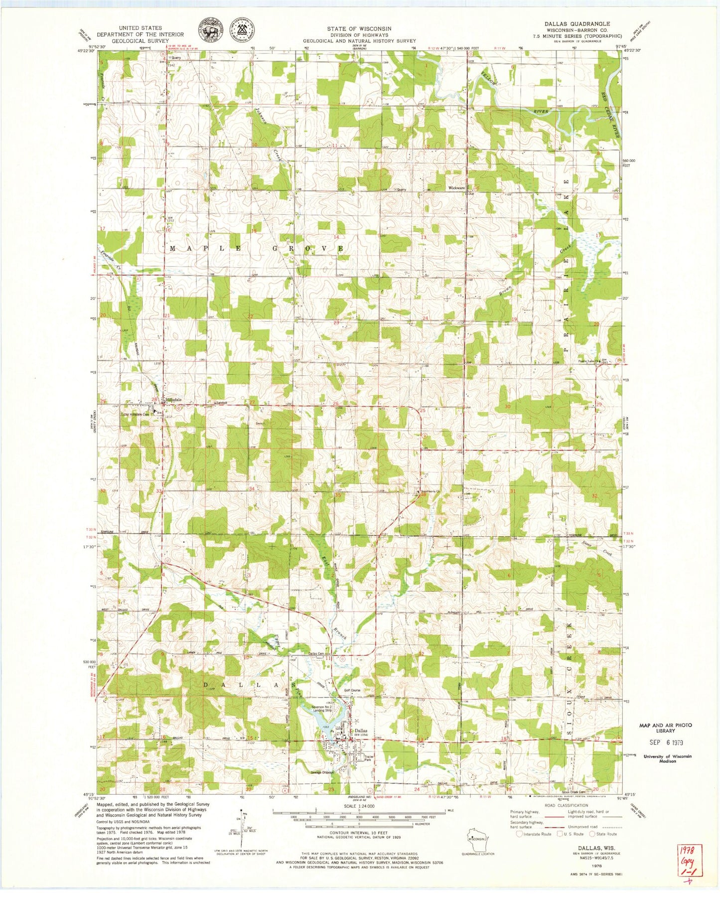 Classic USGS Dallas Wisconsin 7.5'x7.5' Topo Map Image