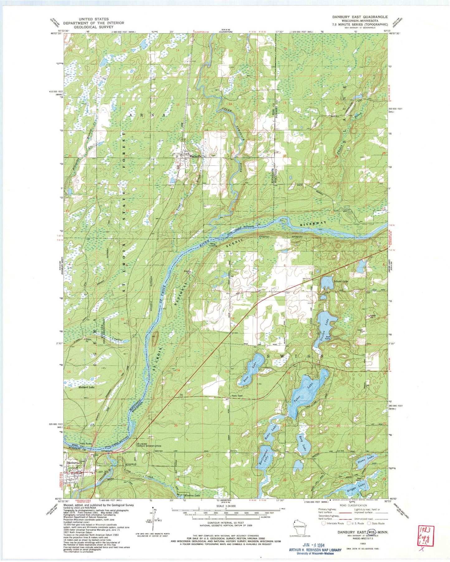 Classic USGS Danbury East Wisconsin 7.5'x7.5' Topo Map Image