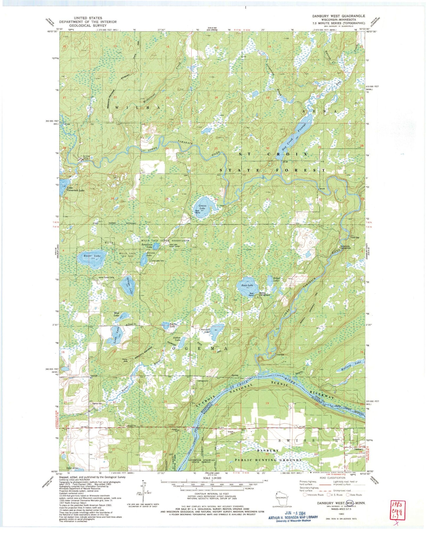 Classic USGS Danbury West Wisconsin 7.5'x7.5' Topo Map Image