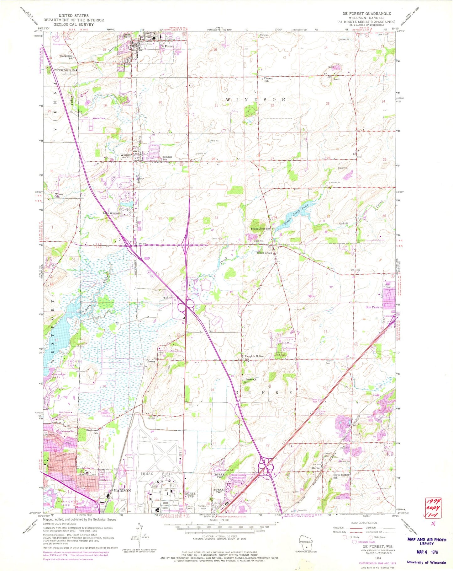 Classic USGS De Forest Wisconsin 7.5'x7.5' Topo Map Image