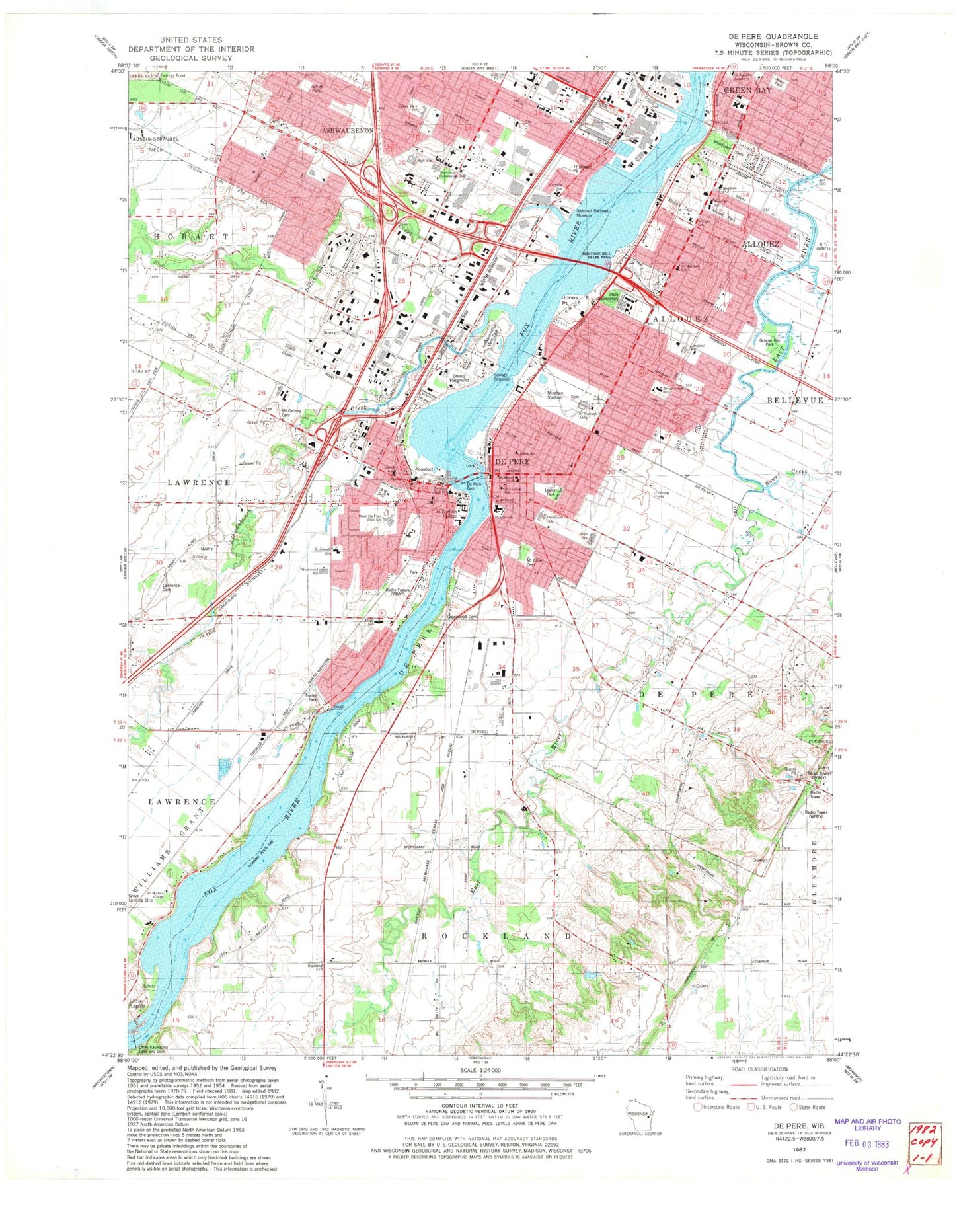 Classic USGS De Pere Wisconsin 7.5'x7.5' Topo Map Image