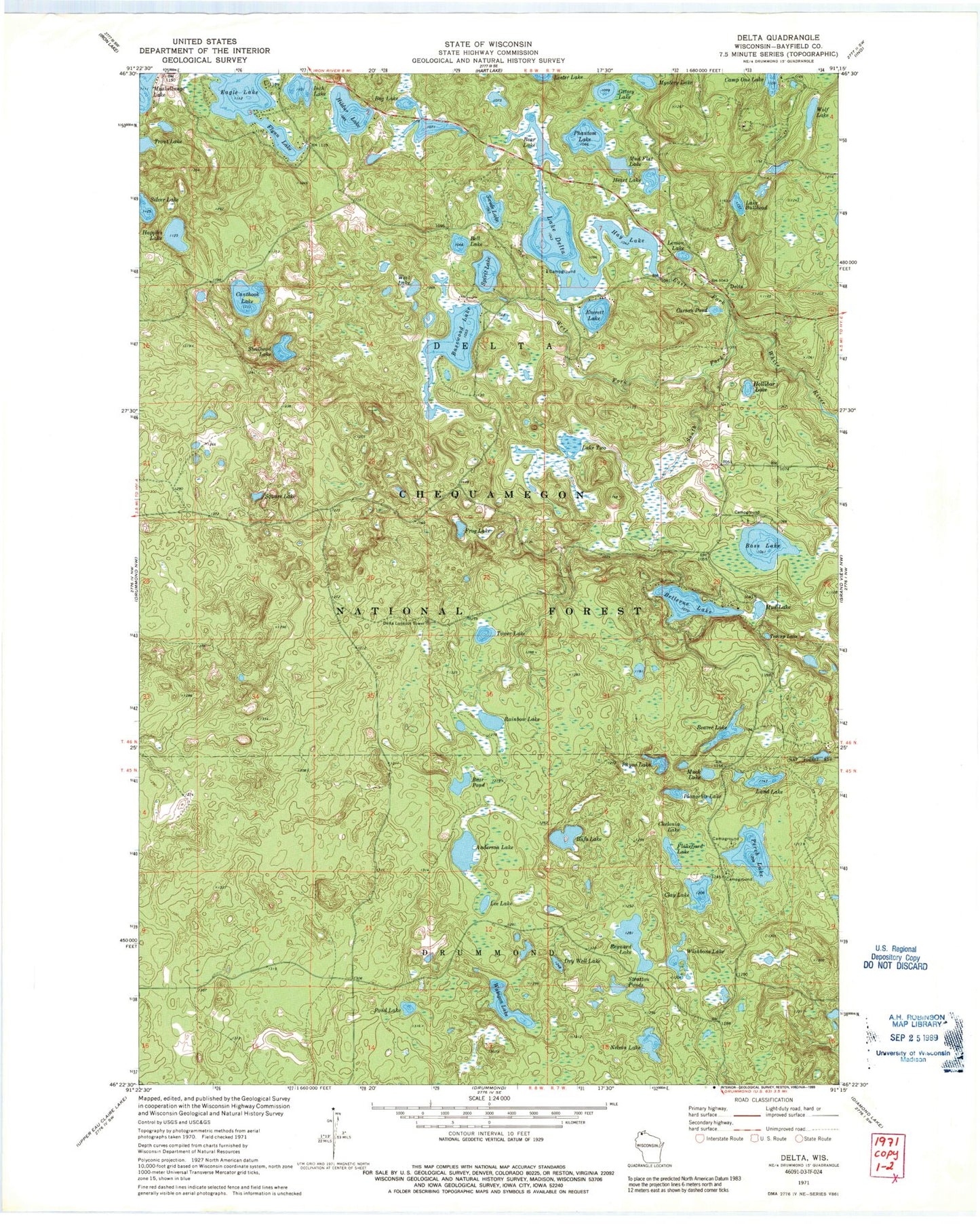 Classic USGS Delta Wisconsin 7.5'x7.5' Topo Map Image