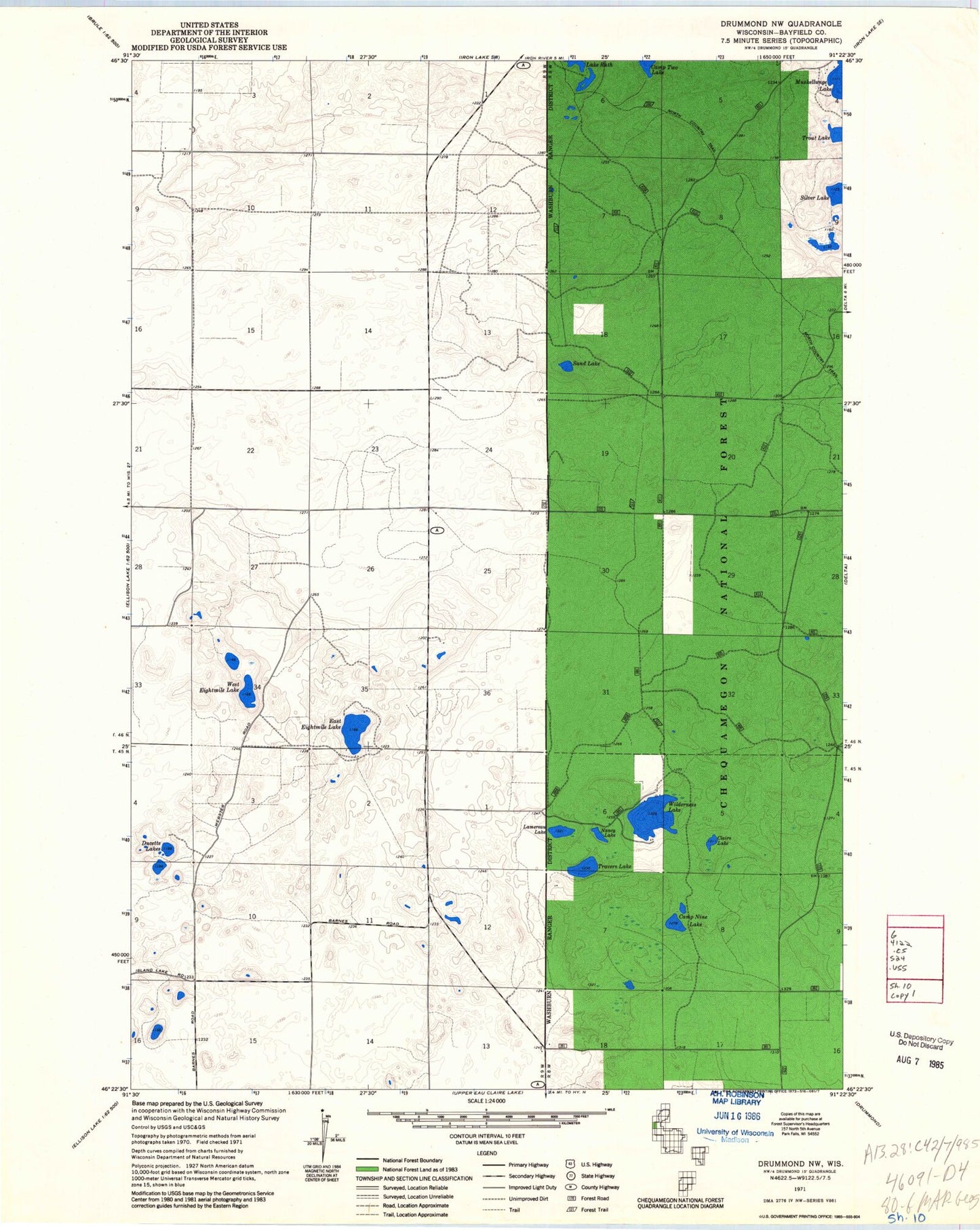 Classic USGS Drummond NW Wisconsin 7.5'x7.5' Topo Map Image