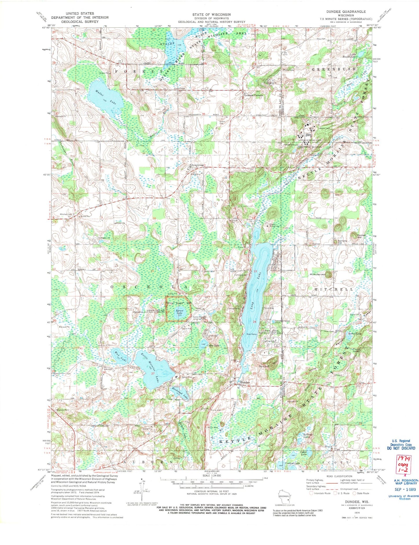Classic USGS Dundee Wisconsin 7.5'x7.5' Topo Map Image