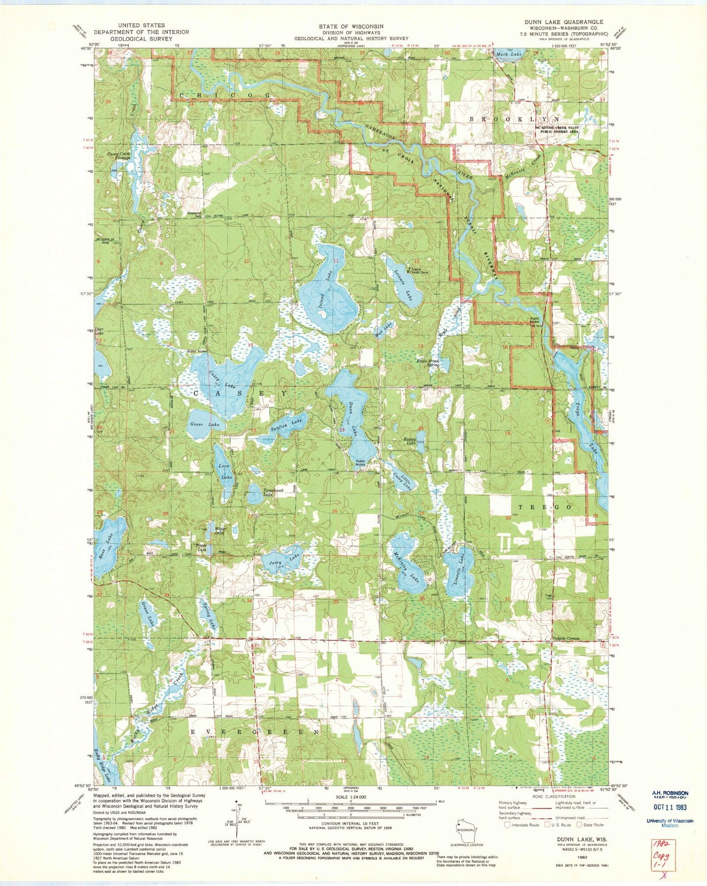 Classic USGS Dunn Lake Wisconsin 7.5'x7.5' Topo Map Image