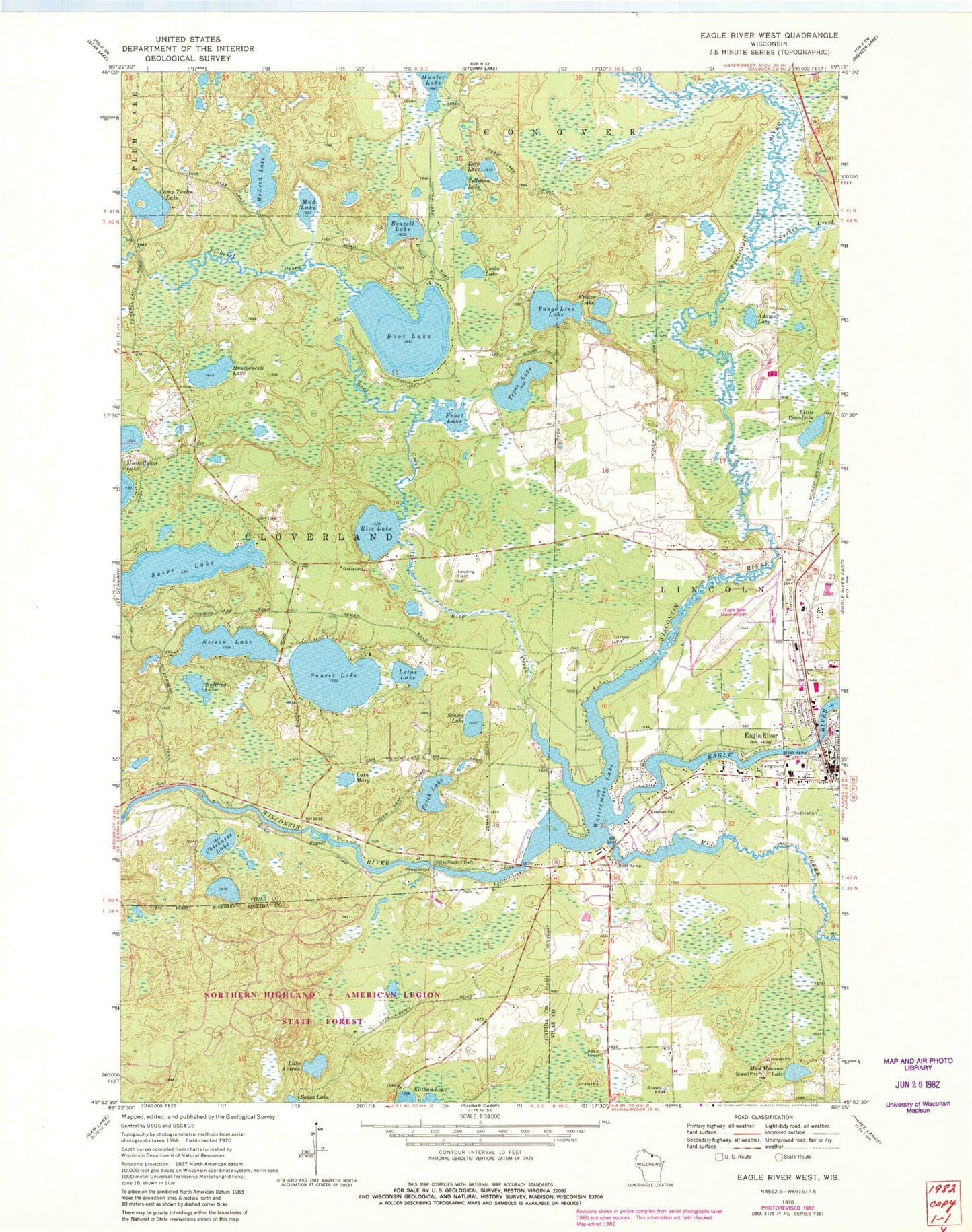 Classic USGS Eagle River West Wisconsin 7.5'x7.5' Topo Map Image