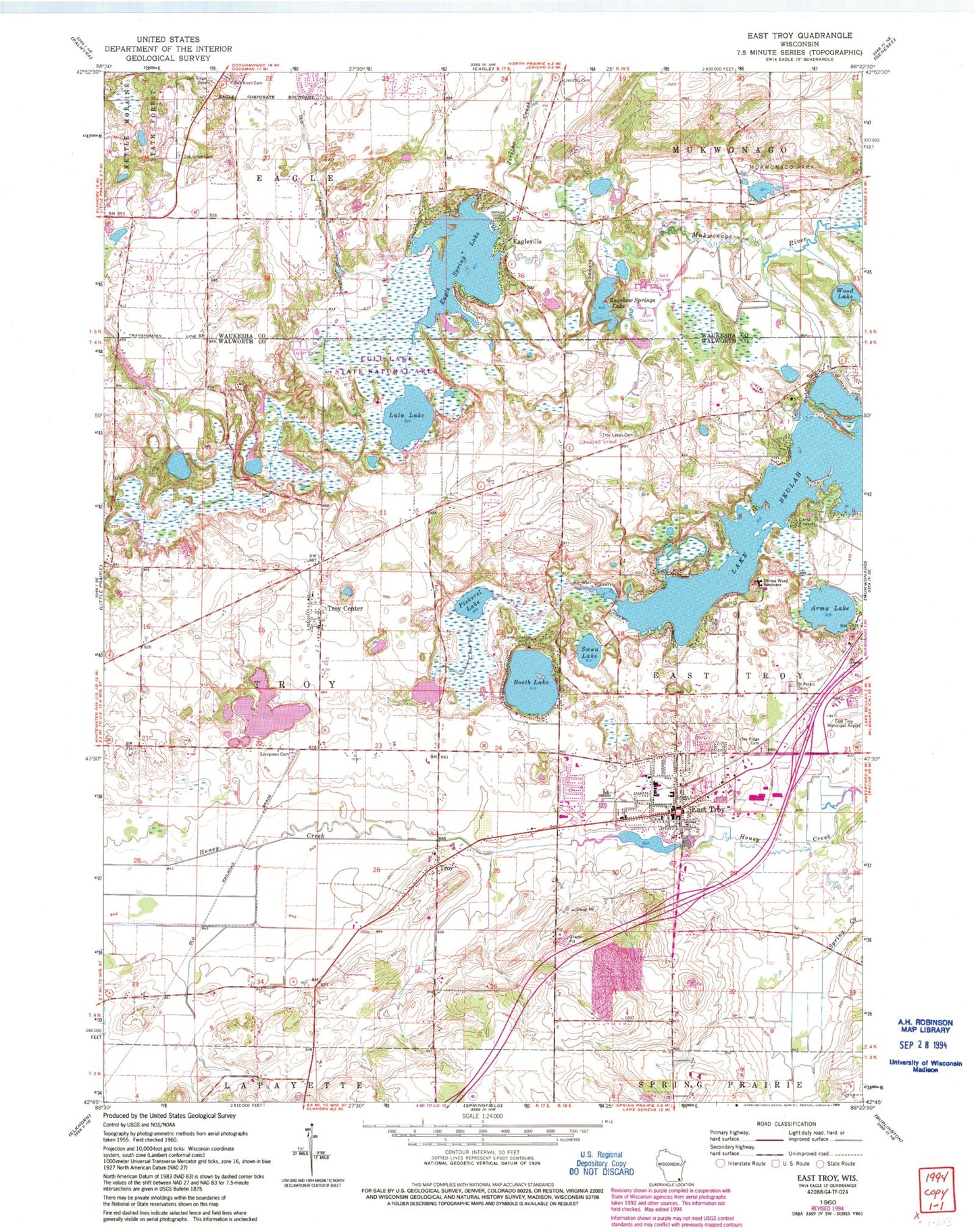 Classic USGS East Troy Wisconsin 7.5'x7.5' Topo Map Image