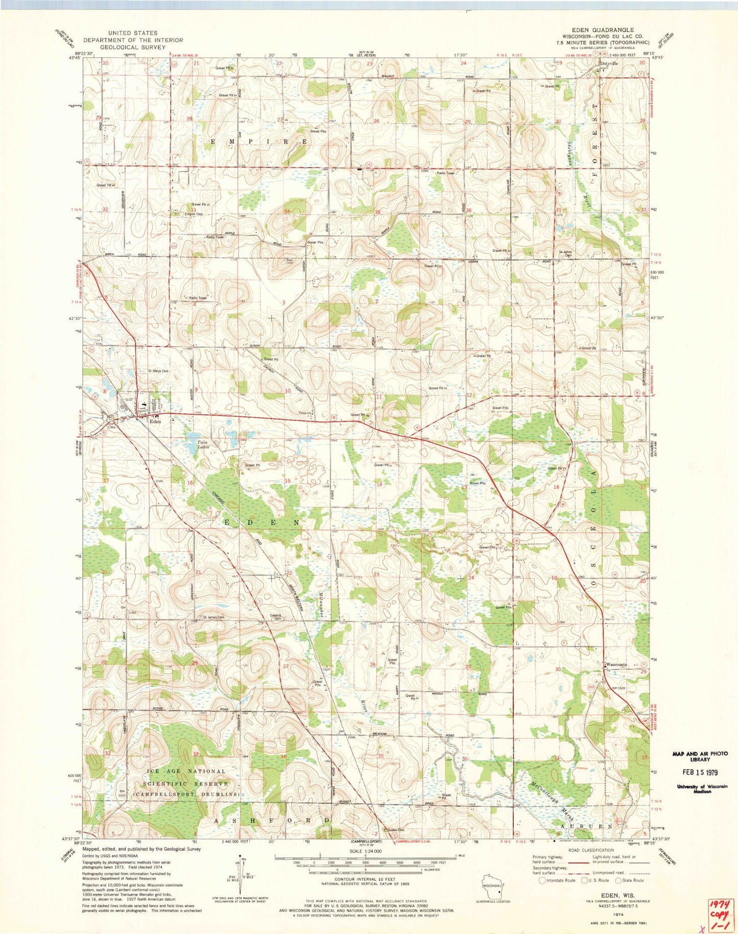 Classic USGS Eden Wisconsin 7.5'x7.5' Topo Map Image