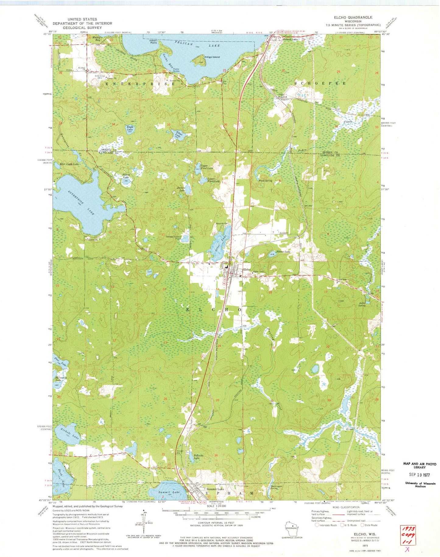 Classic USGS Elcho Wisconsin 7.5'x7.5' Topo Map Image