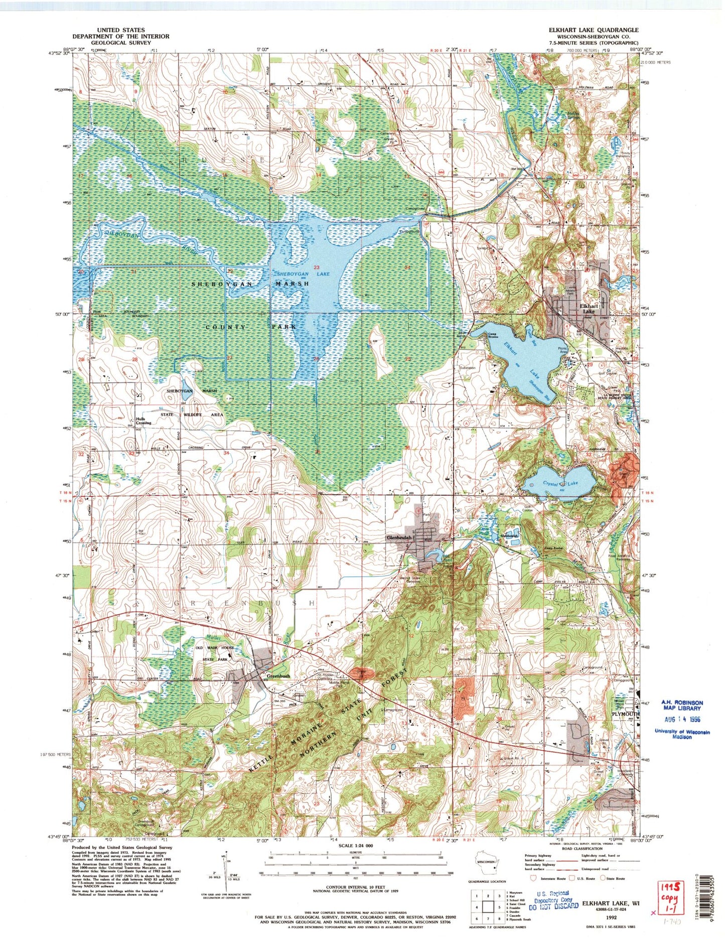 Classic USGS Elkhart Lake Wisconsin 7.5'x7.5' Topo Map Image