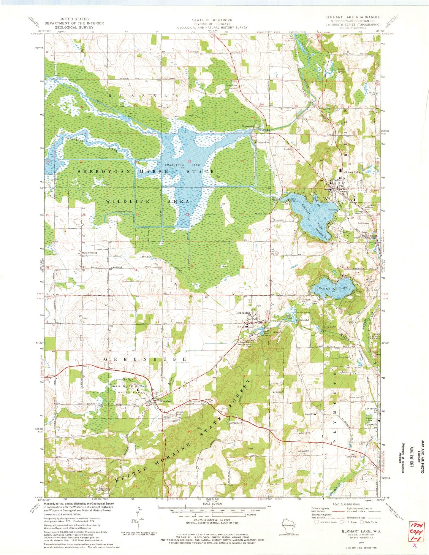 Classic USGS Elkhart Lake Wisconsin 7.5'x7.5' Topo Map Image