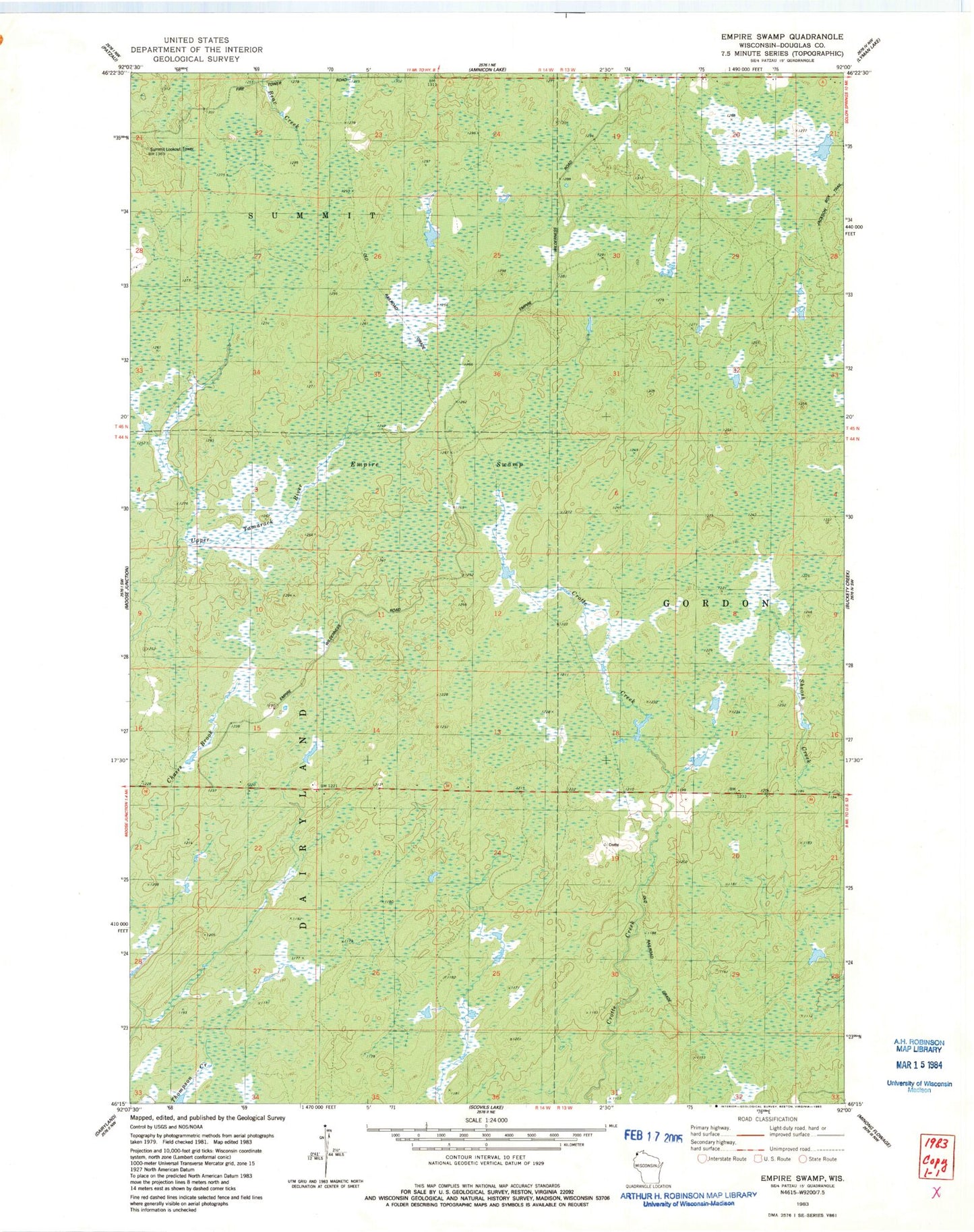 Classic USGS Empire Swamp Wisconsin 7.5'x7.5' Topo Map Image