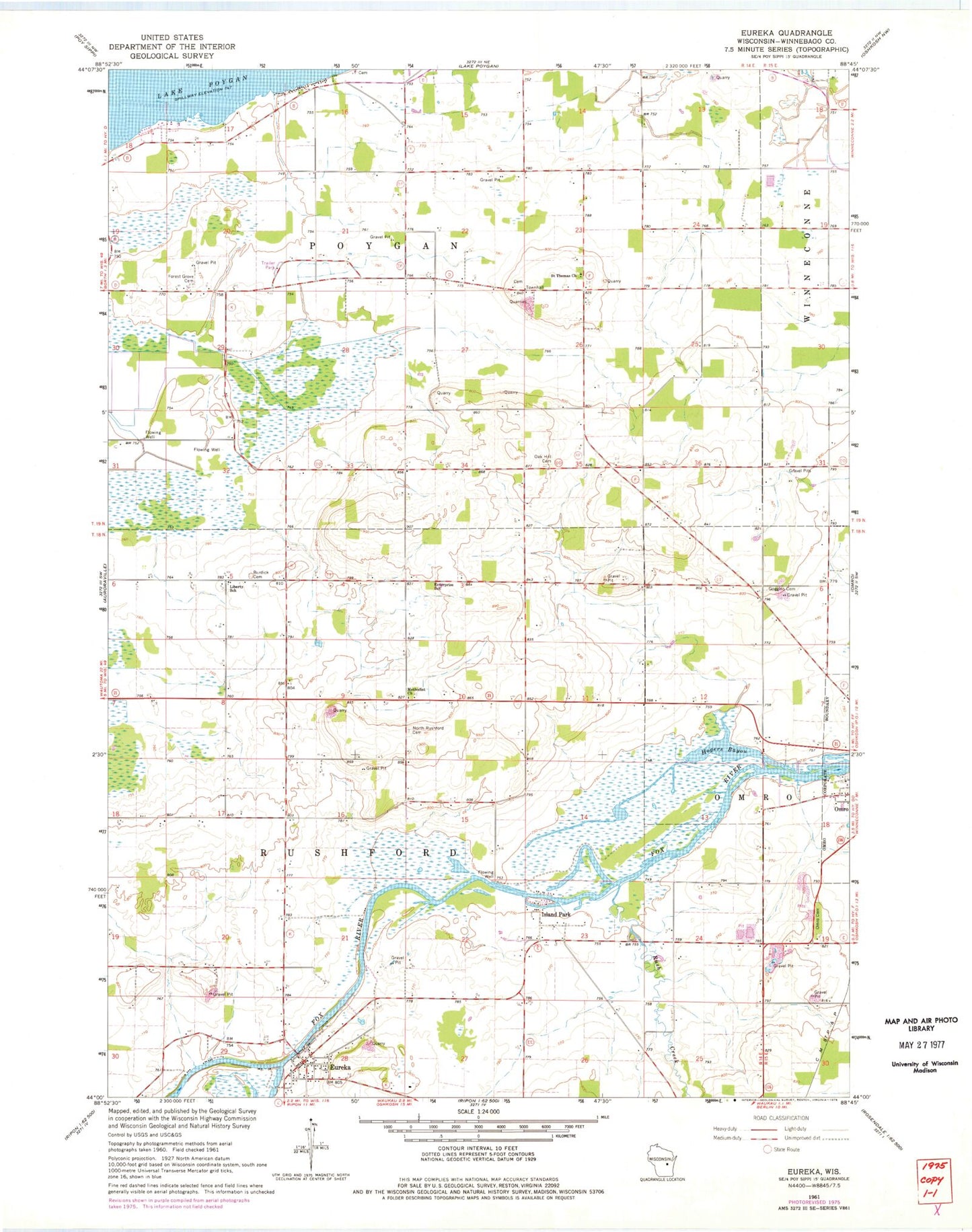 Classic USGS Eureka Wisconsin 7.5'x7.5' Topo Map Image