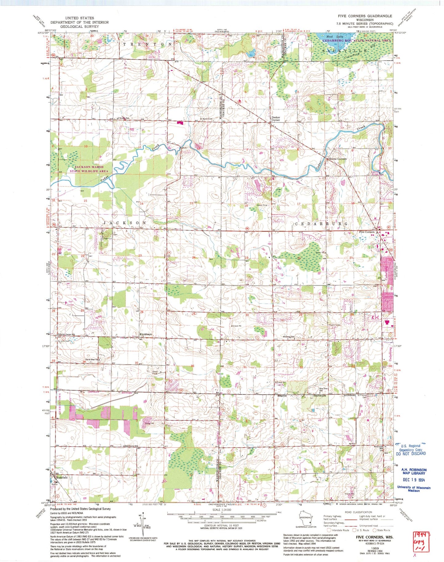Classic USGS Five Corners Wisconsin 7.5'x7.5' Topo Map Image
