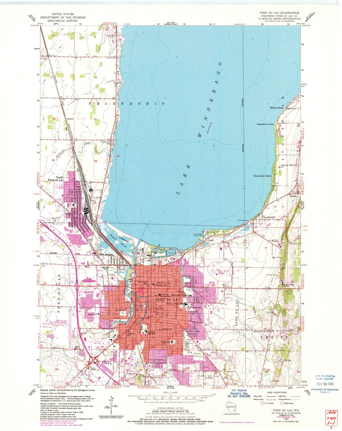 Classic USGS Fond du Lac Wisconsin 7.5'x7.5' Topo Map Image