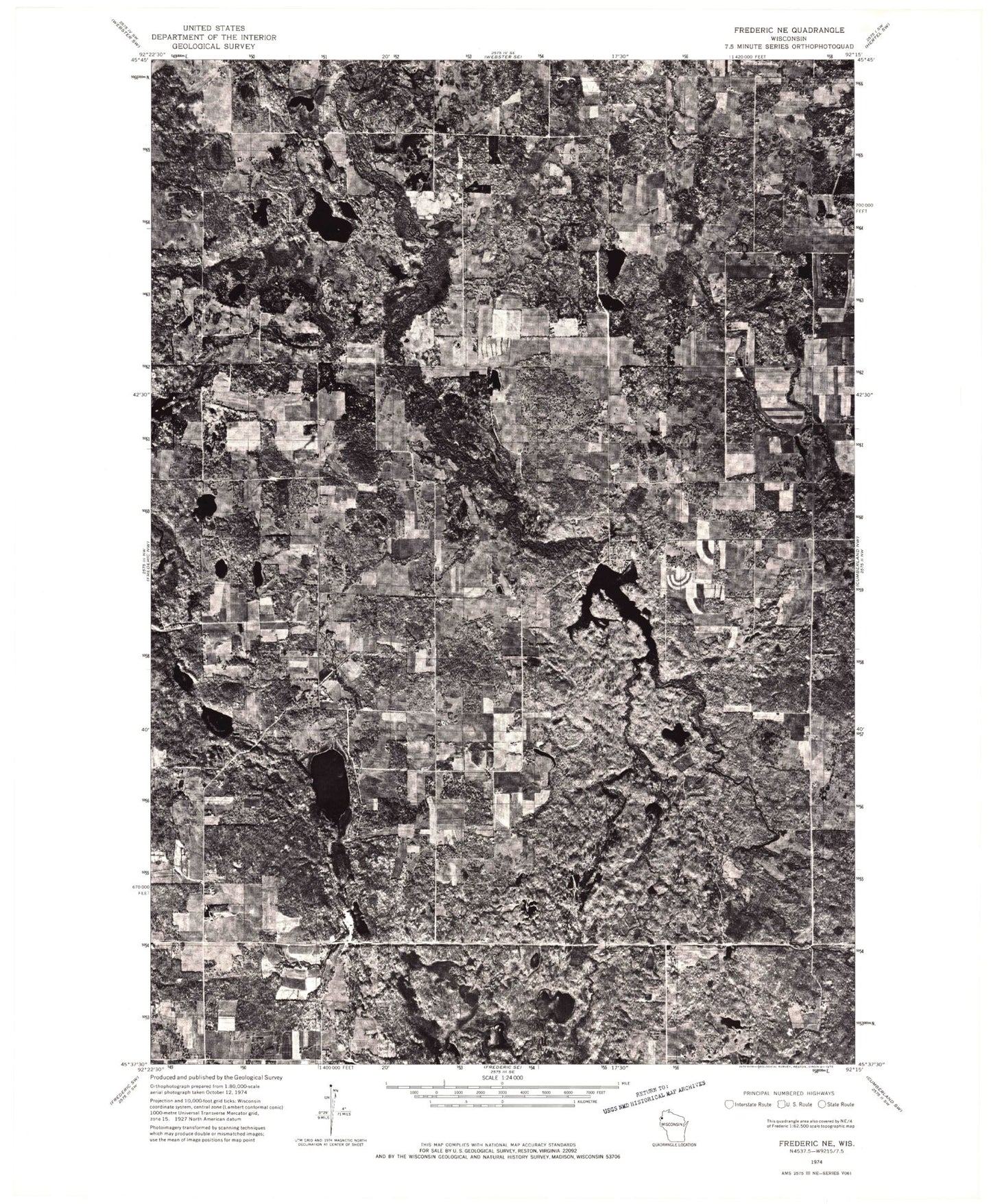 Classic USGS Clam Falls Wisconsin 7.5'x7.5' Topo Map Image