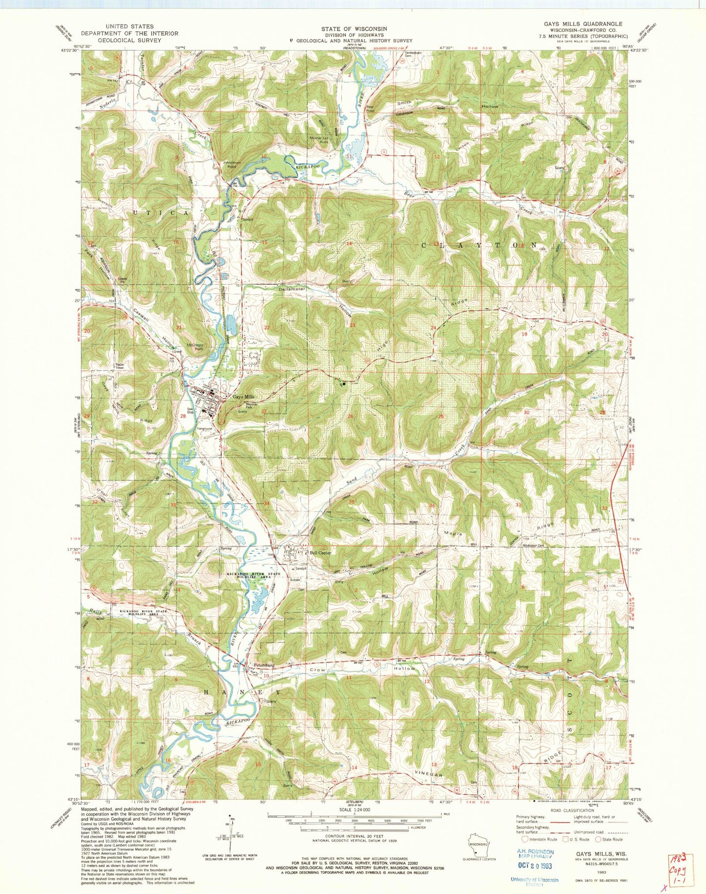 Classic USGS Gays Mills Wisconsin 7.5'x7.5' Topo Map Image
