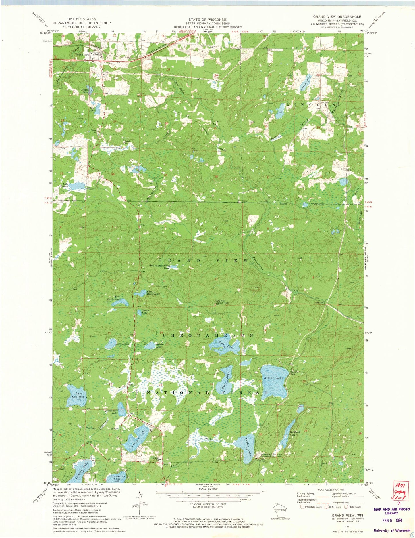 Classic USGS Grand View Wisconsin 7.5'x7.5' Topo Map Image