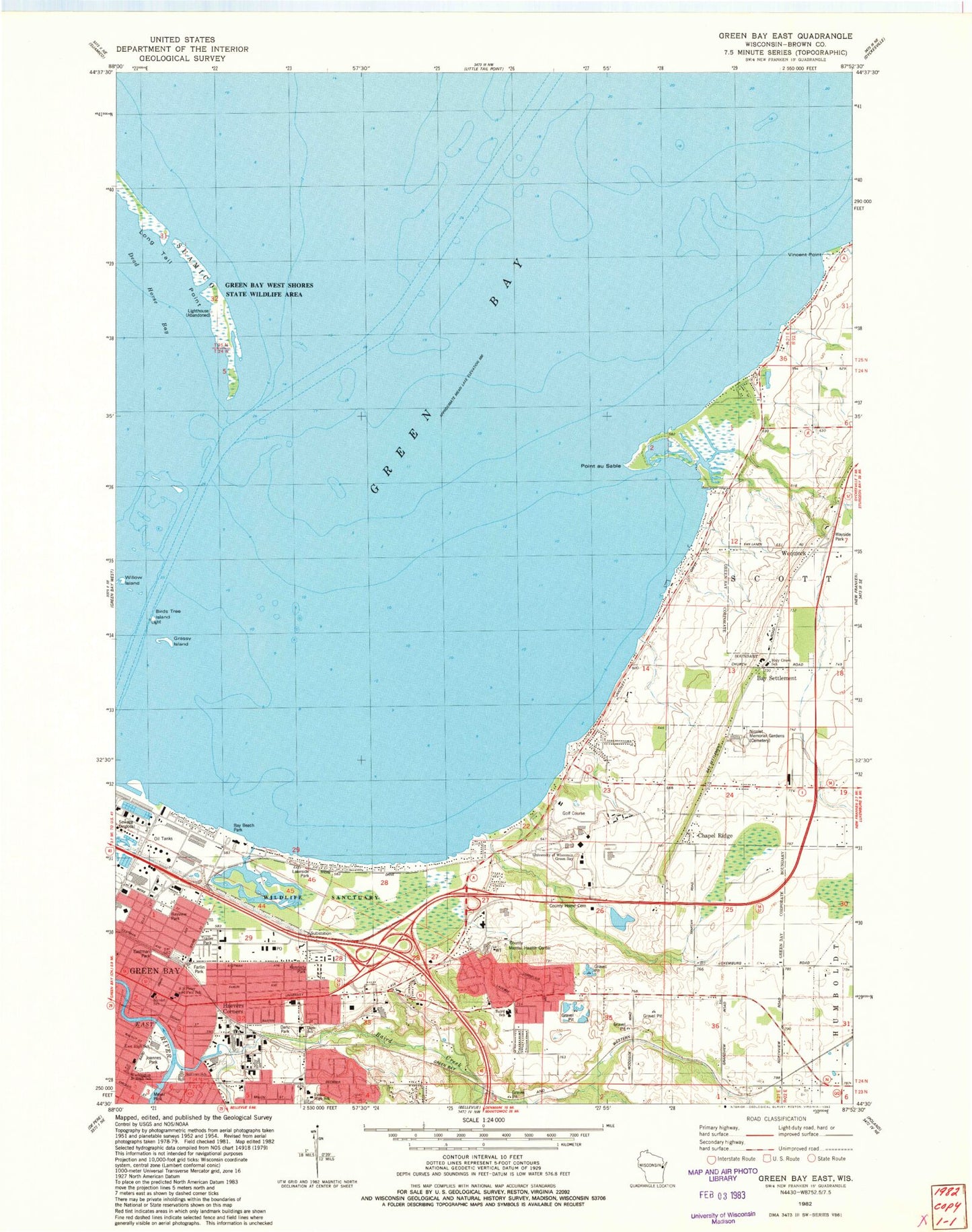 Classic USGS Green Bay East Wisconsin 7.5'x7.5' Topo Map Image