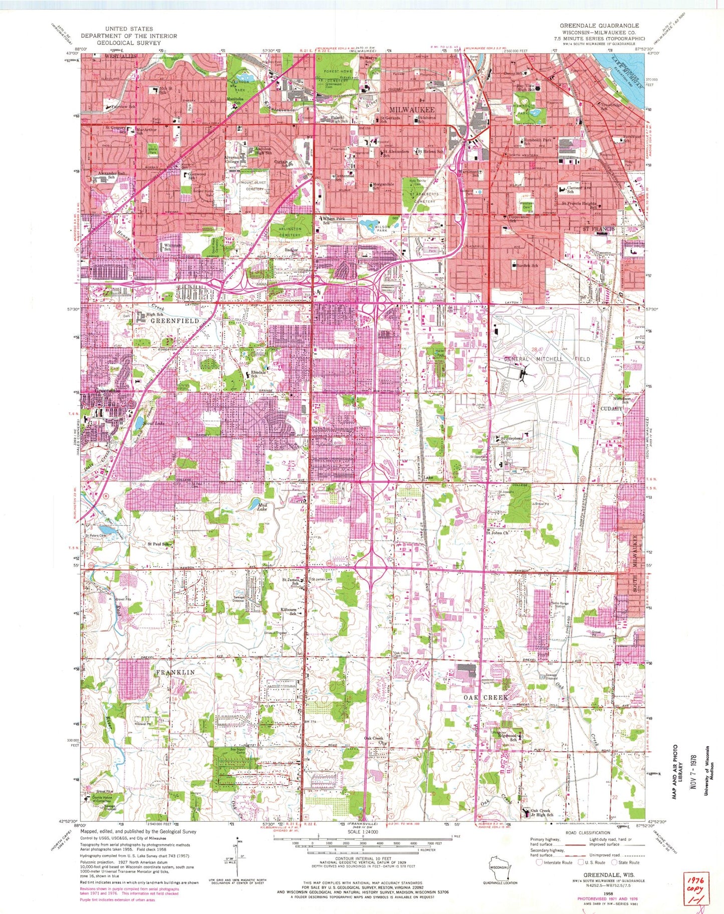 Classic USGS Greendale Wisconsin 7.5'x7.5' Topo Map Image
