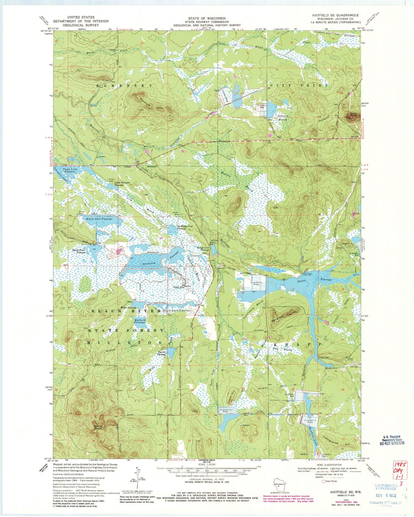 Classic USGS Hatfield SE Wisconsin 7.5'x7.5' Topo Map Image