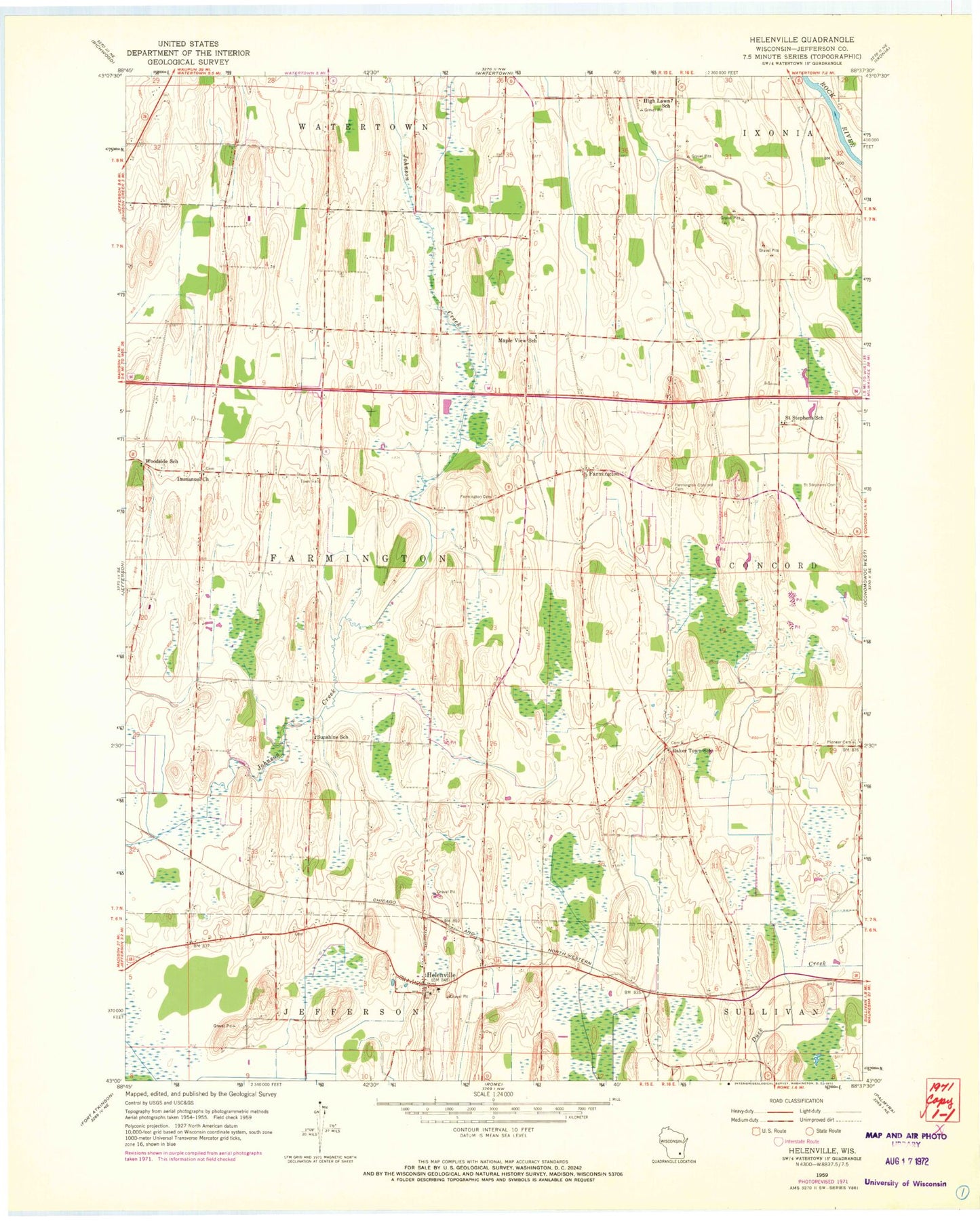 Classic USGS Helenville Wisconsin 7.5'x7.5' Topo Map Image