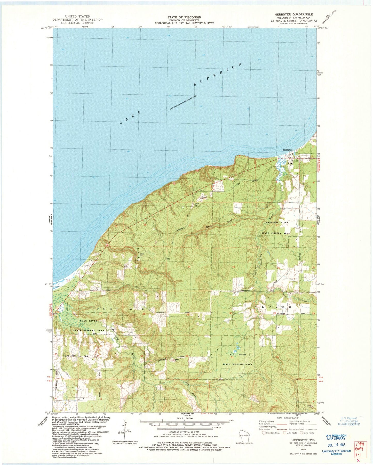 Classic USGS Herbster Wisconsin 7.5'x7.5' Topo Map Image