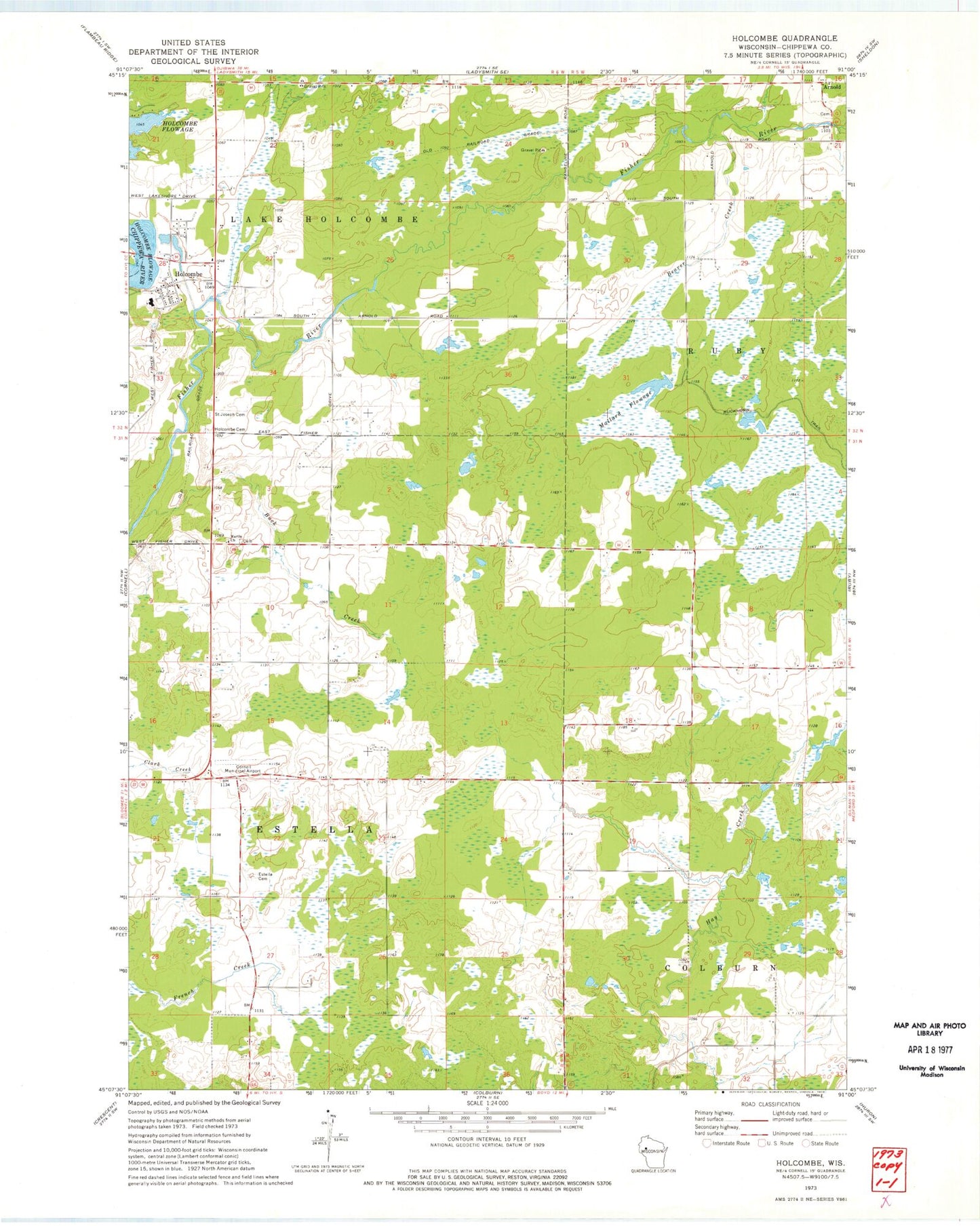 Classic USGS Holcombe Wisconsin 7.5'x7.5' Topo Map Image