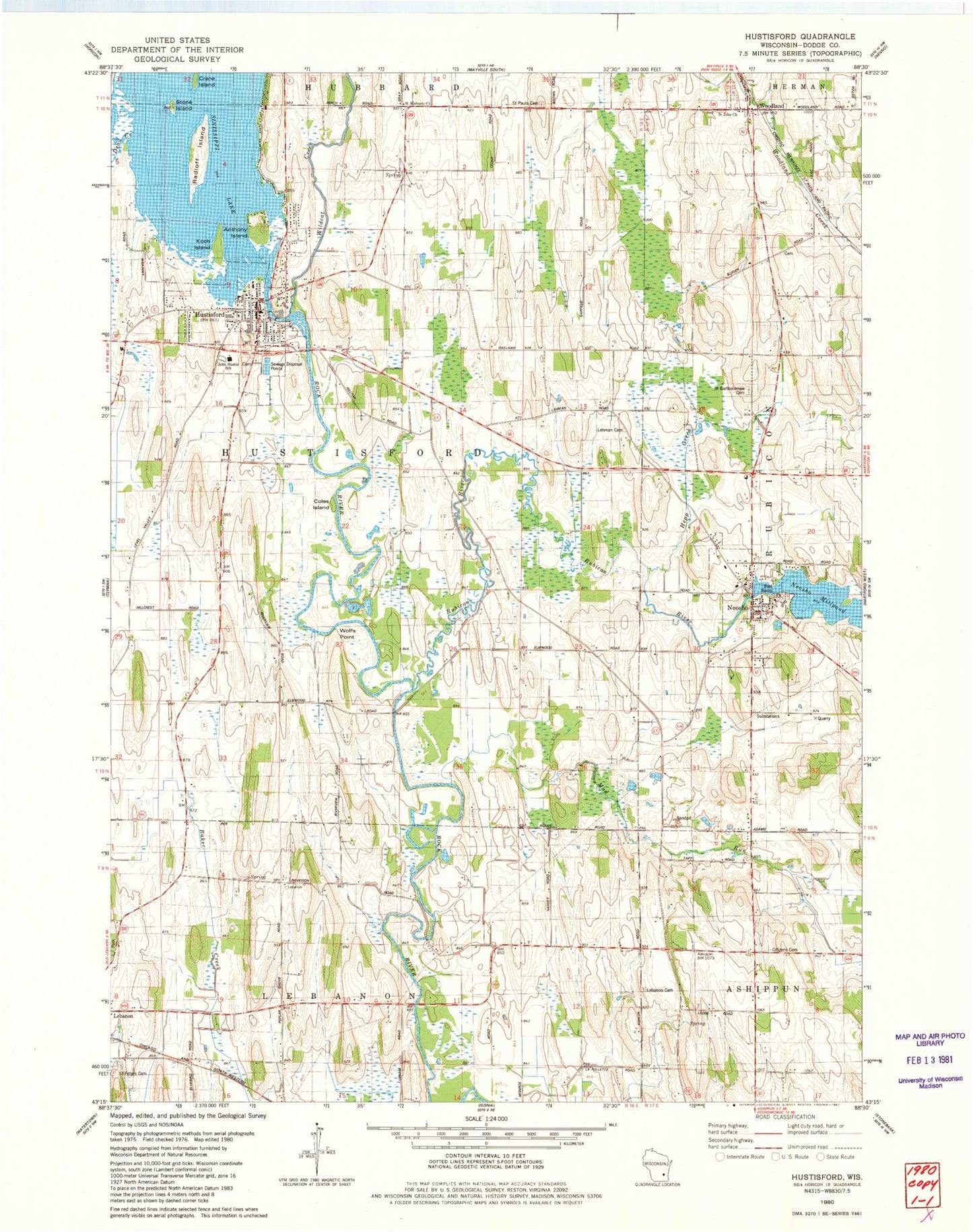 Classic USGS Hustisford Wisconsin 7.5'x7.5' Topo Map Image