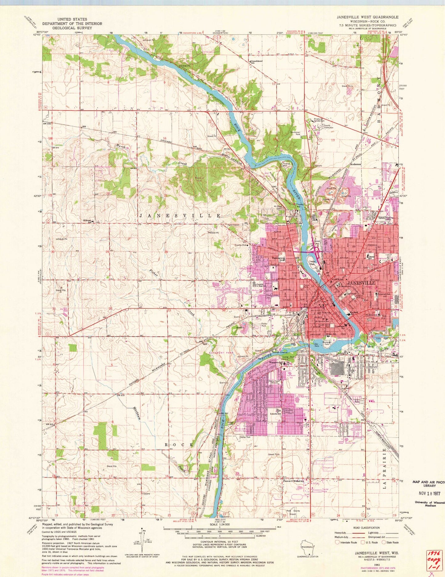 Classic USGS Janesville West Wisconsin 7.5'x7.5' Topo Map Image