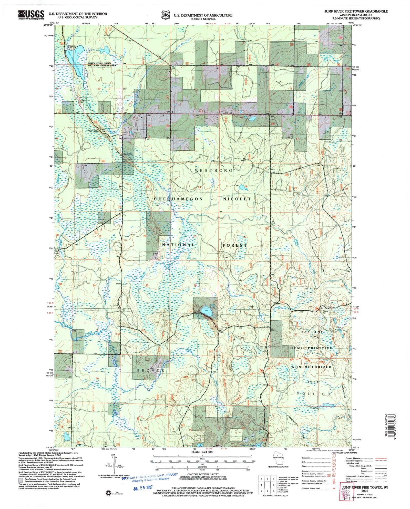 Classic USGS Jump River Fire Tower Wisconsin 7.5'x7.5' Topo Map