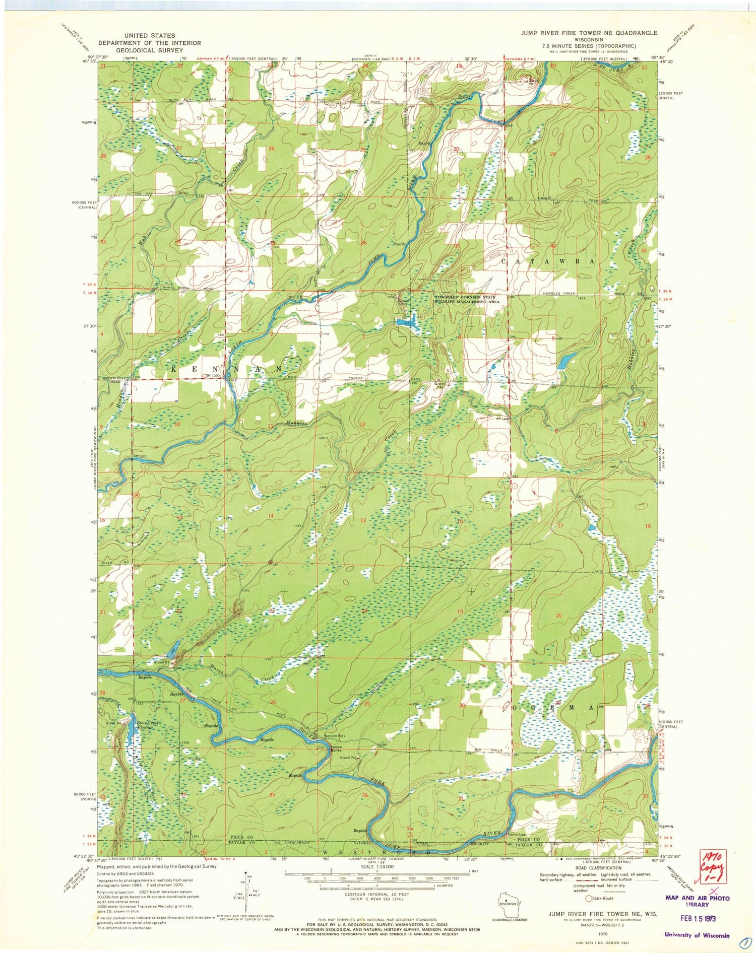 Classic USGS Jump River Fire Tower NE Wisconsin 7.5'x7.5' Topo Map Image