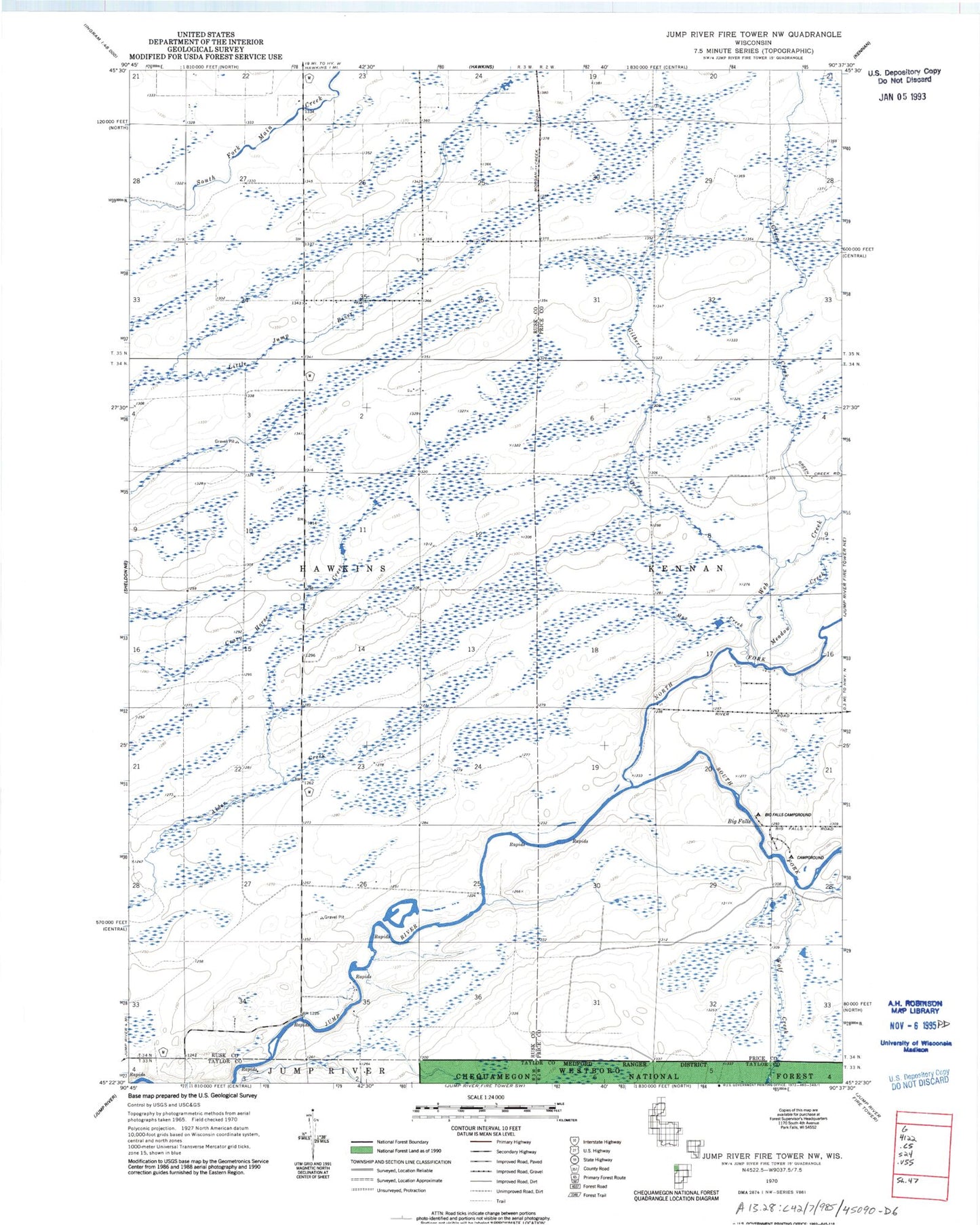 Classic USGS Jump River Fire Tower NW Wisconsin 7.5'x7.5' Topo Map Image