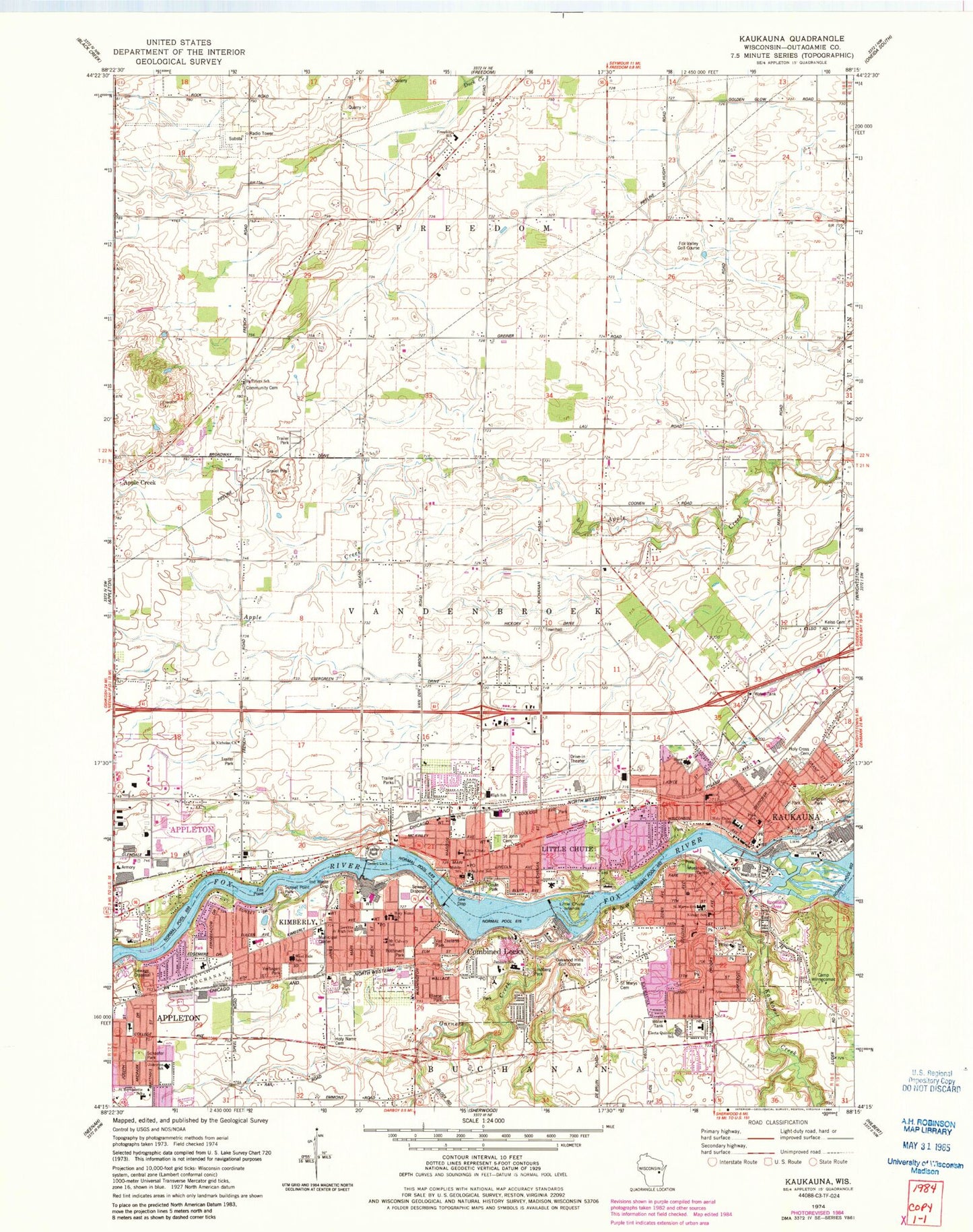 Classic USGS Kaukauna Wisconsin 7.5'x7.5' Topo Map Image